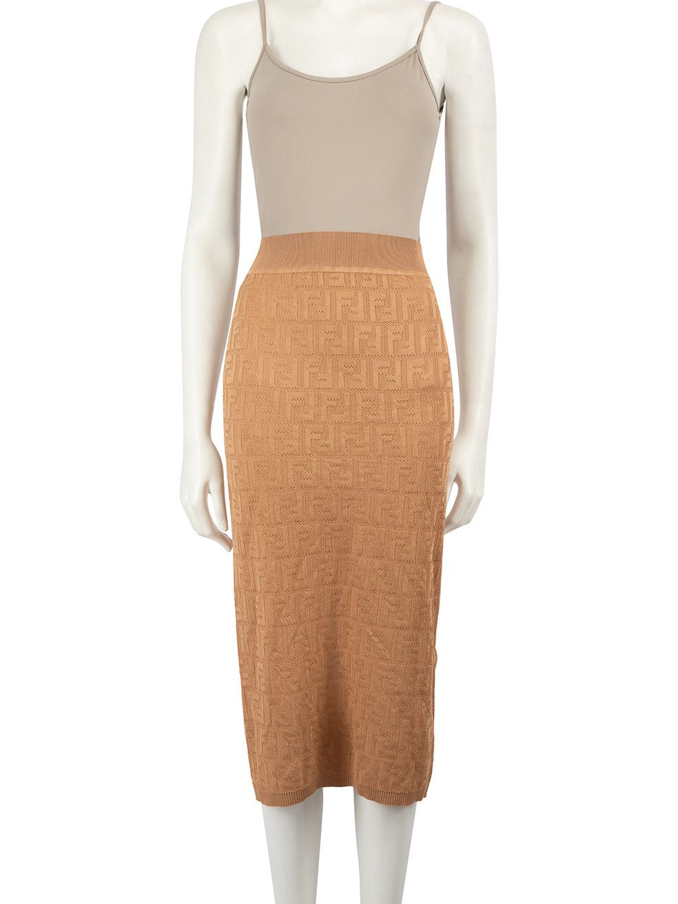 image of Fendi Brown Logo Knit Ff Motif Midi Skirt in Beige, Women's (Size 26)