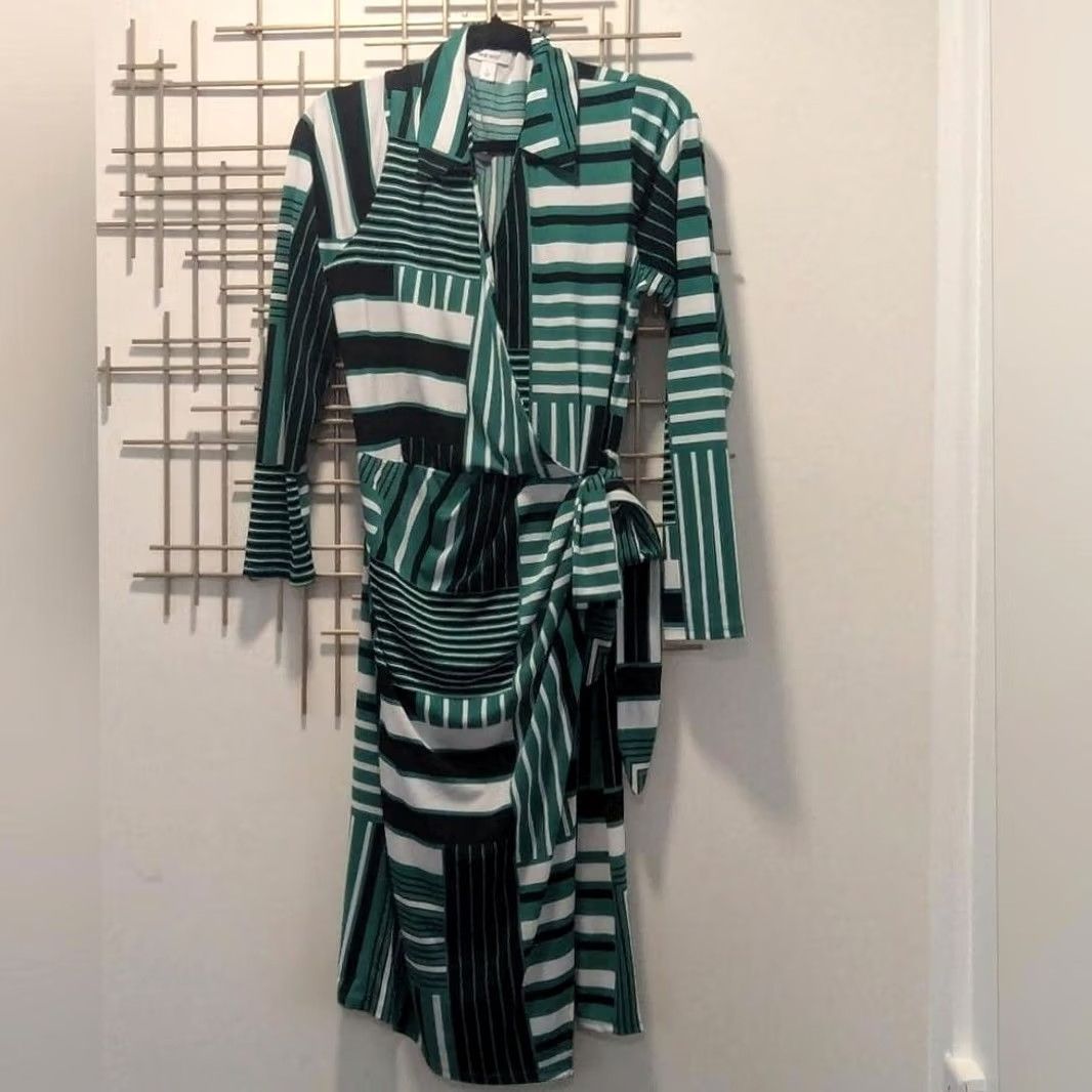 Nine West Nine West Green Black Geometric Stripe Collared Dress Long Sleeve L Stretch Retro Mod Party/Cocktail Wrap Dress Size L / US 10 / IT 46 - 2 Thumbnail