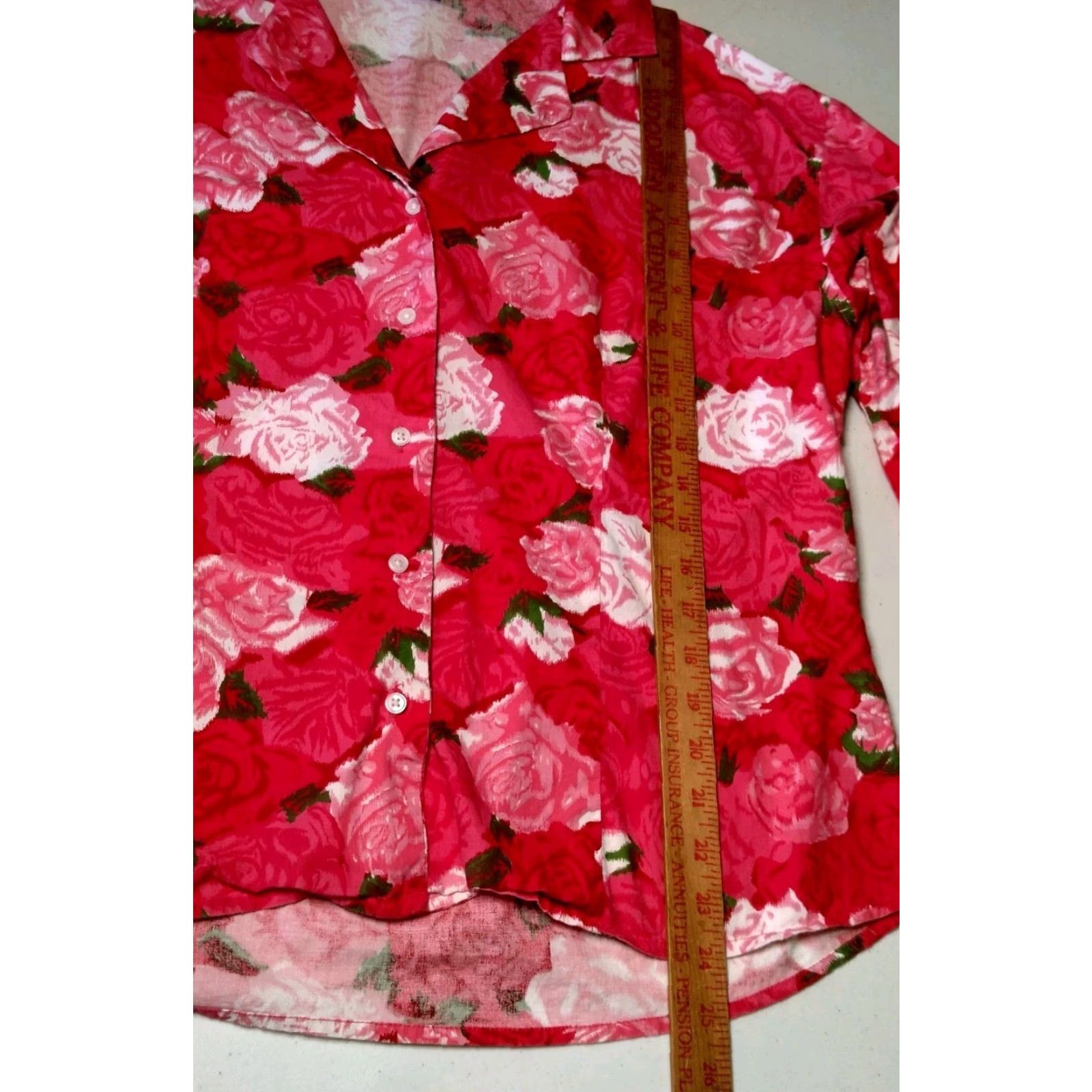 Vintage Pine Cone Hill Fine Linens Blouse XL Pink Red Roses Button Front Ruffled Cuff Womens Size XL / US 12-14 / IT 48-50 - 6 Thumbnail