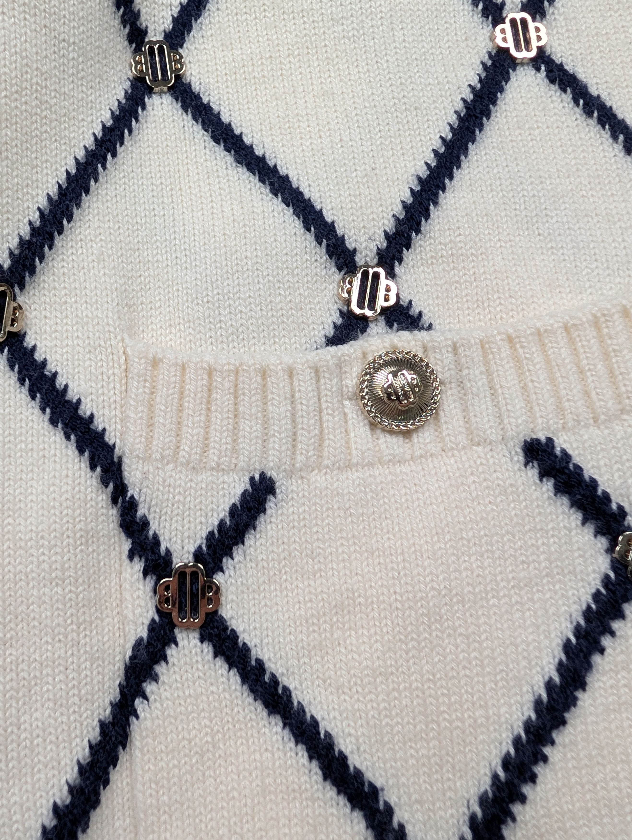 Maje Maje Beige With Navy Diamond-Pattern Cardigan Size XS / US 0-2 / IT 36-38 - 4 Thumbnail