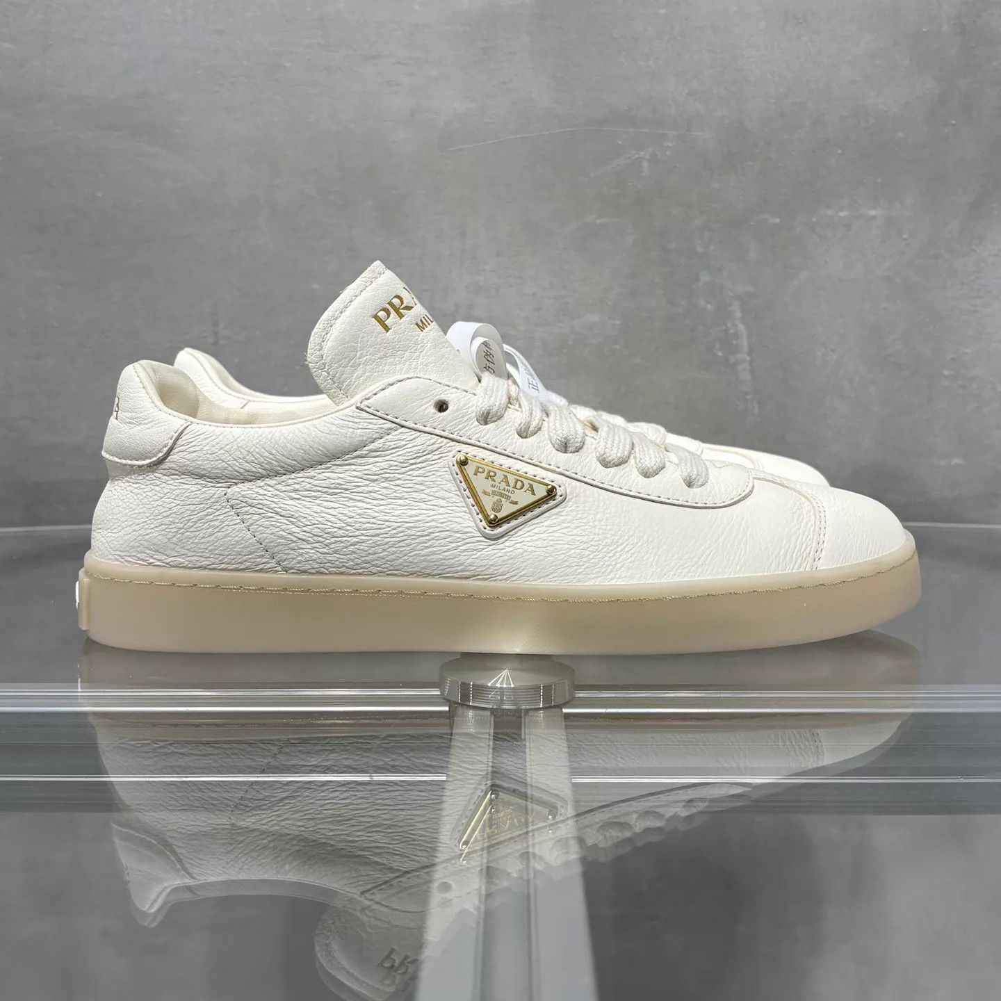 Prada Prada Cream Leather Triangle Logo Trainer Women's 37 Size US 6.5 / IT 36.5 - 4 Thumbnail