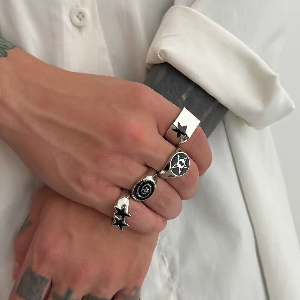 Jewelry 4pcs set Punk Hip Hop Star Geometric Streetwear Rings Size ONE SIZE - 3 Thumbnail