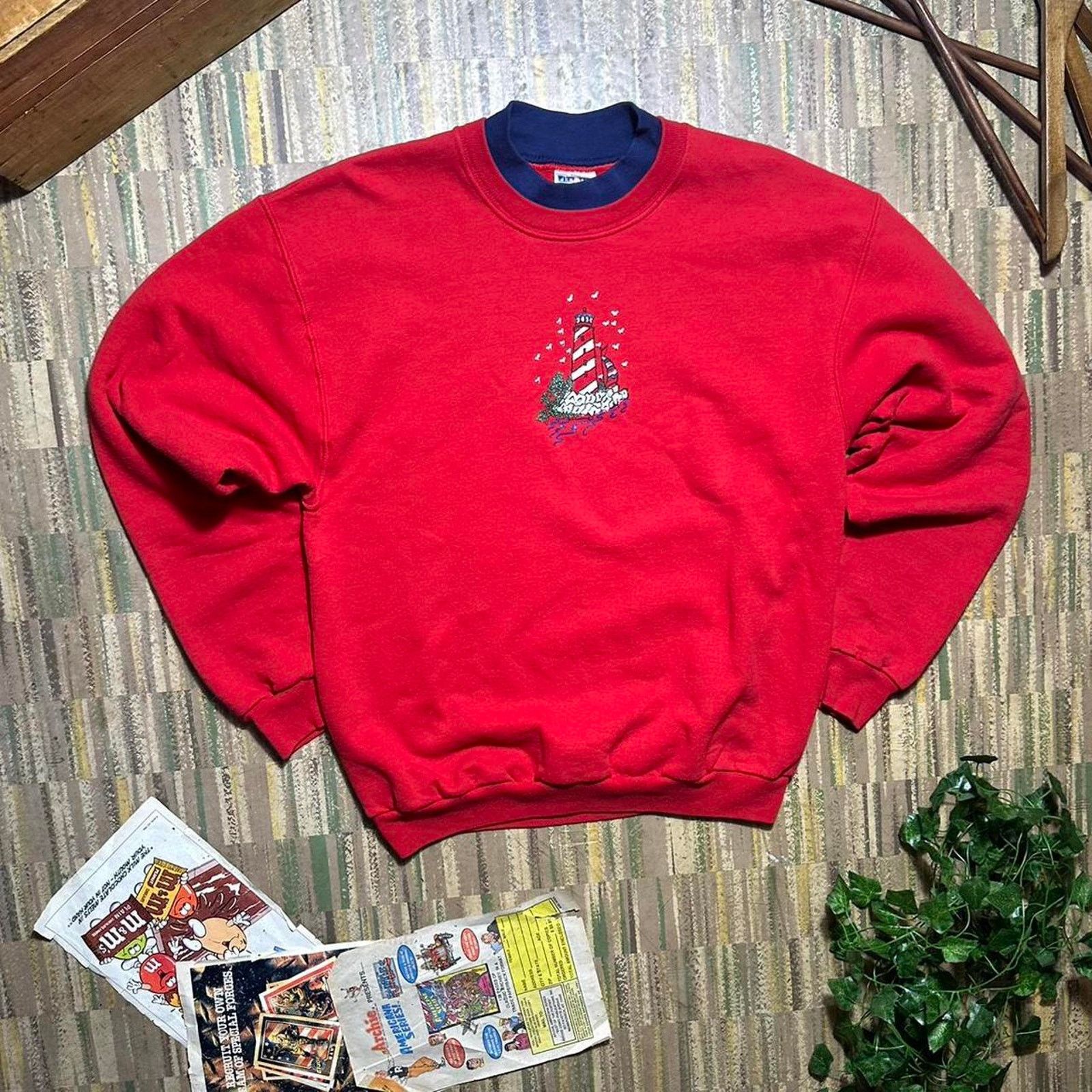 Jerzees Vintage Grandma Style Red Sweater Mens Medium Sweatshirt Size US M / EU 48-50 / 2 - 1 Thumbnail