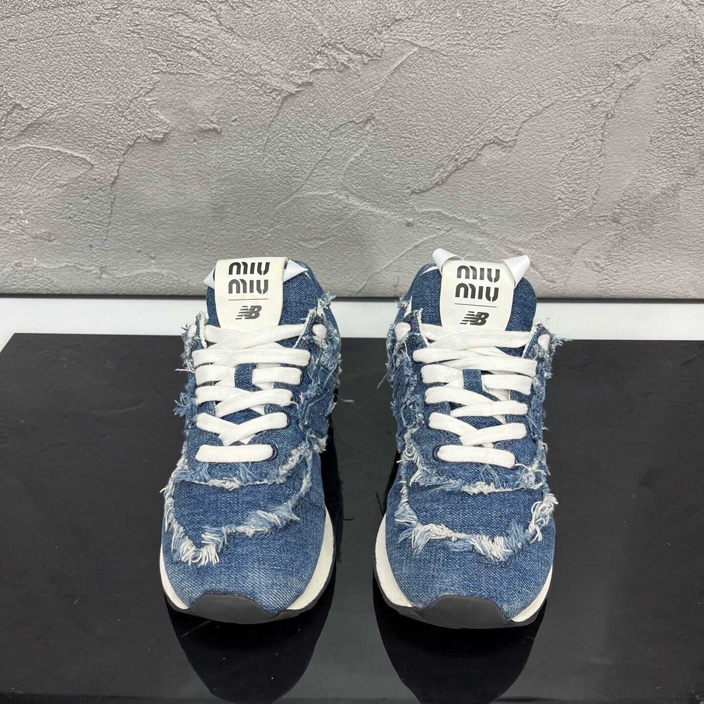 Miu Miu MIUMIU x NB574 distressed denim sneakers Size US 5 / EU 37 - 1 Thumbnail