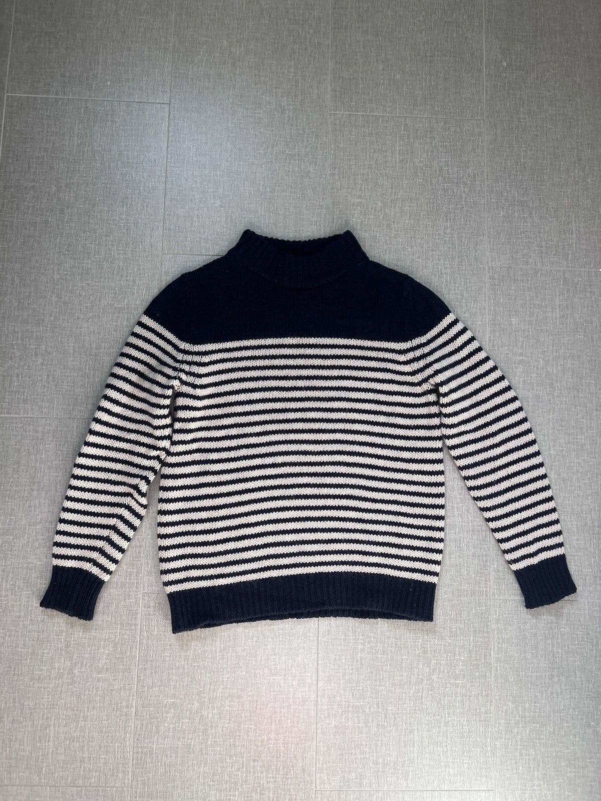 A.P.C. Navy & Cream Striped Alpaca Wool Mock Neck Sweater Size US L / EU 52-54 / 3 - 1 Thumbnail