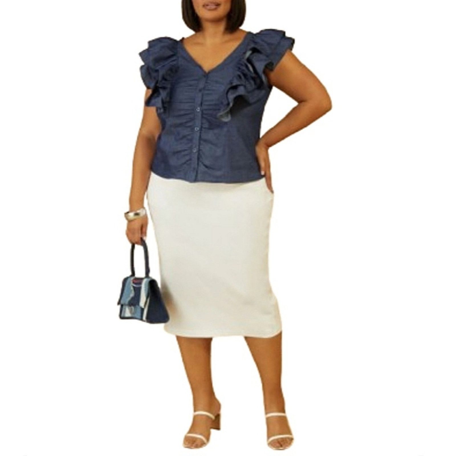 Other DENIM BLUE ☆ SOFT CHAMBREY ☆ DOUBLE RUFFLE TOP 26w ☆ NWT Size 3XL / US 20-22 - 5 Thumbnail