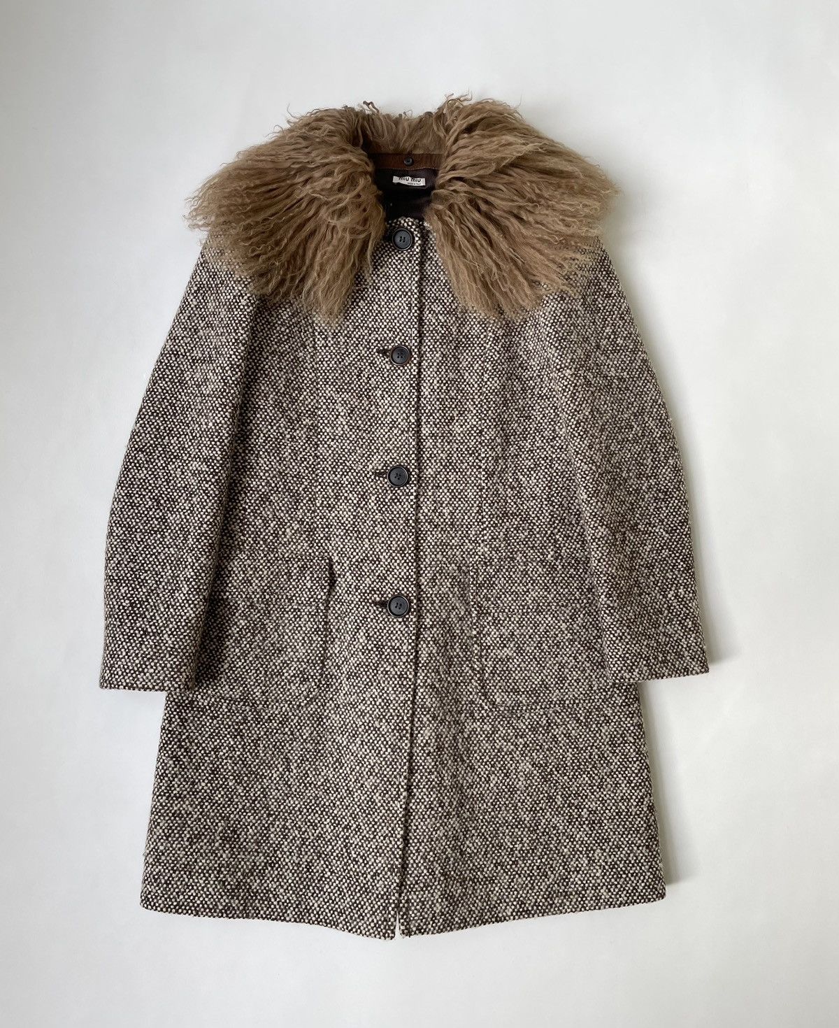 image of Miu Miu x Prada Early 2000S Shearling Collar Boucle Overcoat in Brown Tan, Women's (Size Small)