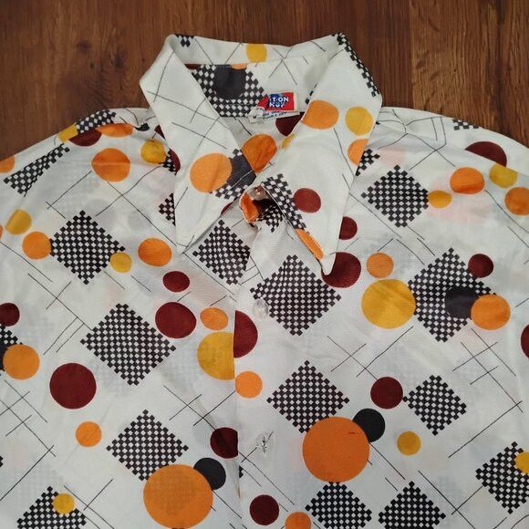 Vintage MCM Mod Sears Dots Checkers Pattern Disco Shirt