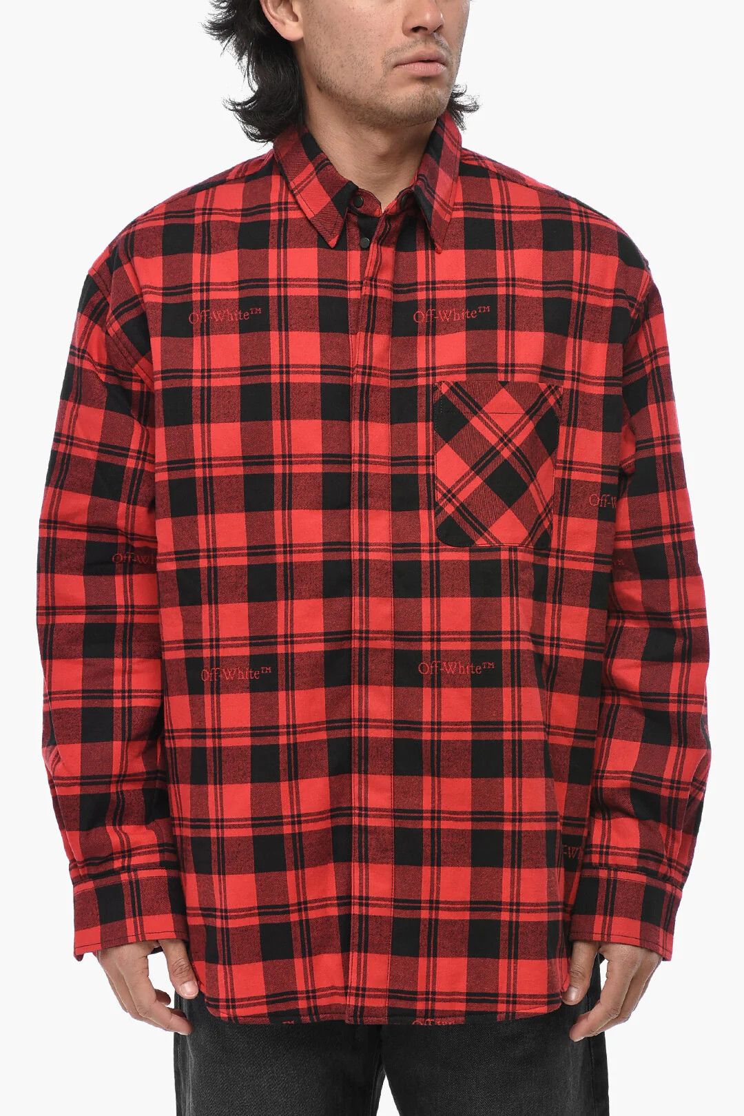 Off-White og1mm0526 Cotton Flannel Padded Overshirt in Red/Black Size US S / EU 44-46 / 1 - 1 Thumbnail