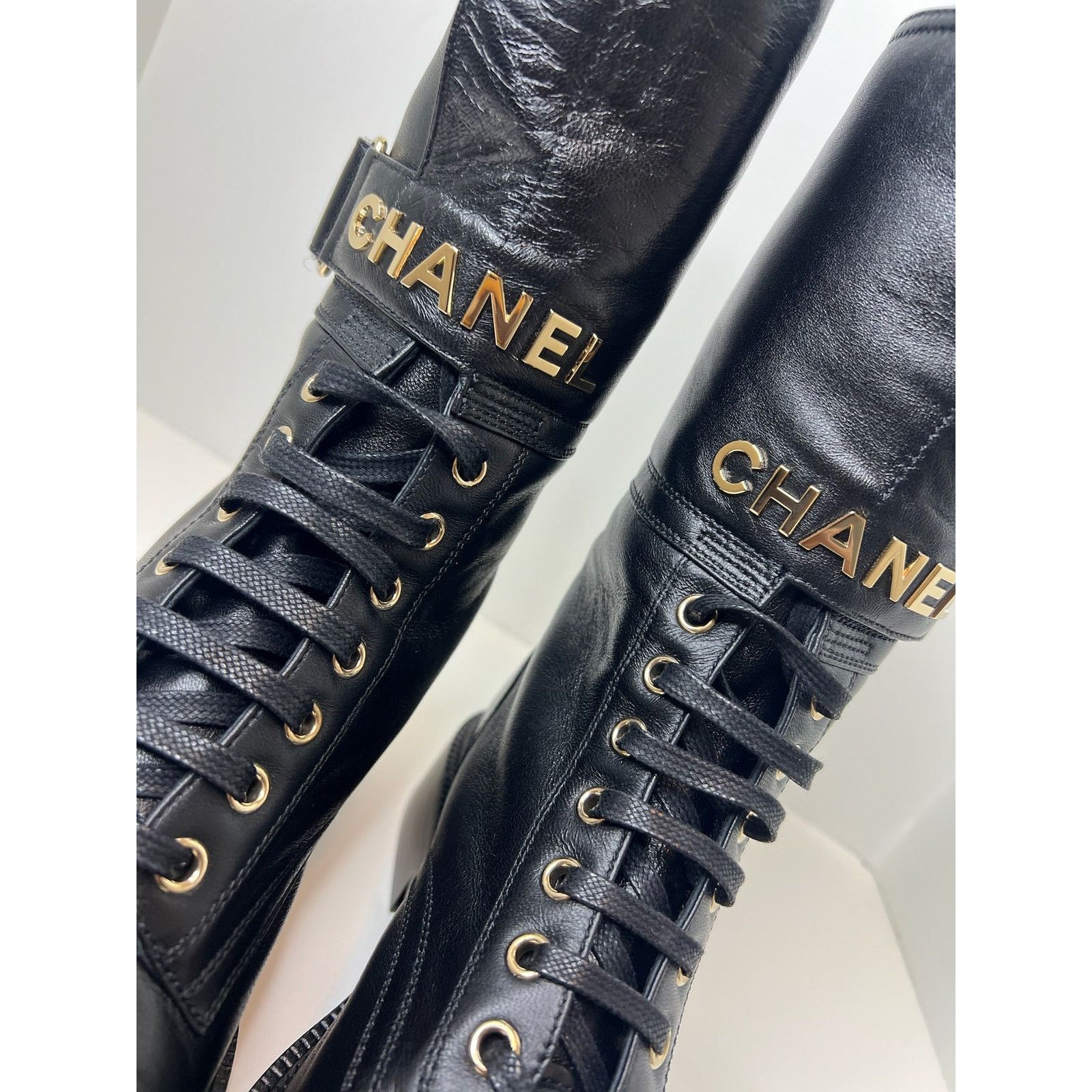 Chanel NWT! Chanel Lace Up Combat Boots, Black, Size 37.5 Size US 7.5 / IT 37.5 - 6 Thumbnail