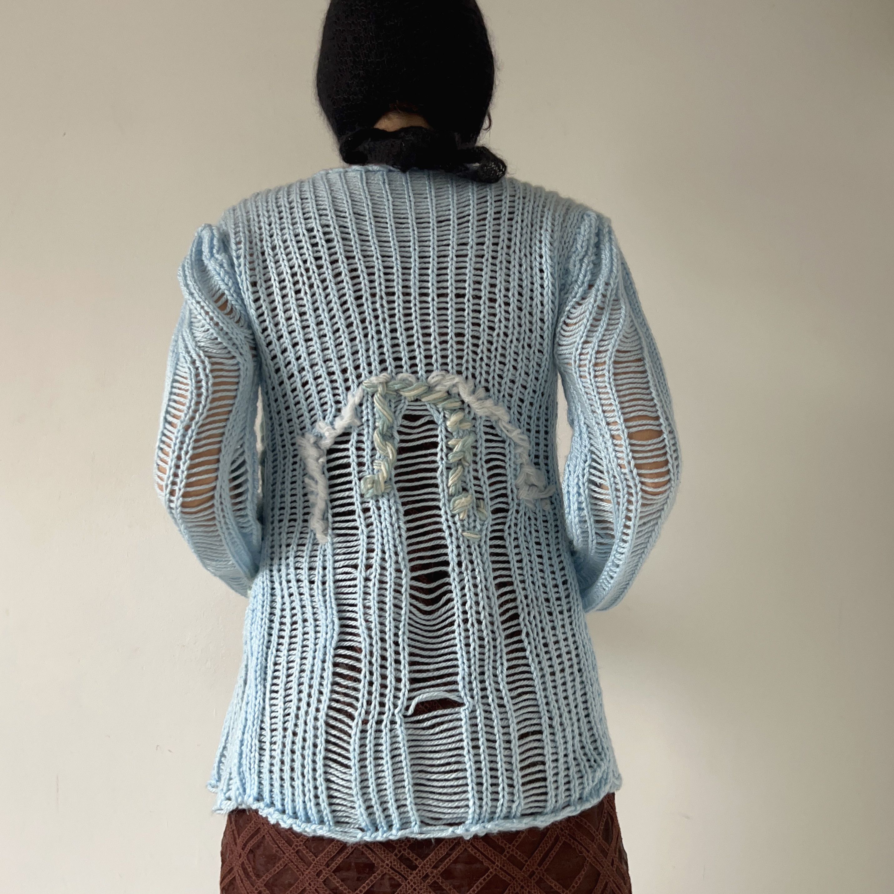 Handmade Hand Knit pastel blue tapestry cardigan Size M / US 6-8 / IT 42-44 - 2 Thumbnail