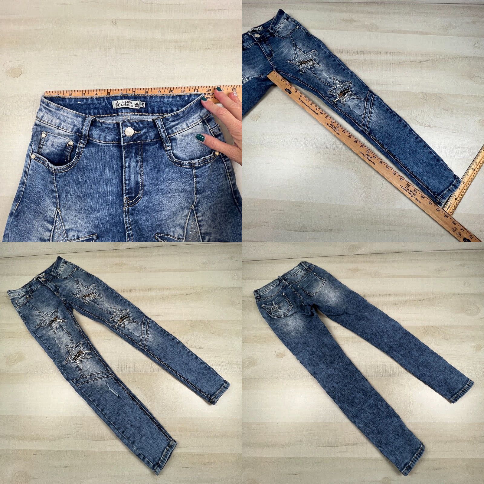 Vintage Denim Original Womens Skinny Jeans Blue Medium 25" Waist Stretch Star Embellishment Size 32" / US 10 / IT 46 - 8 Thumbnail
