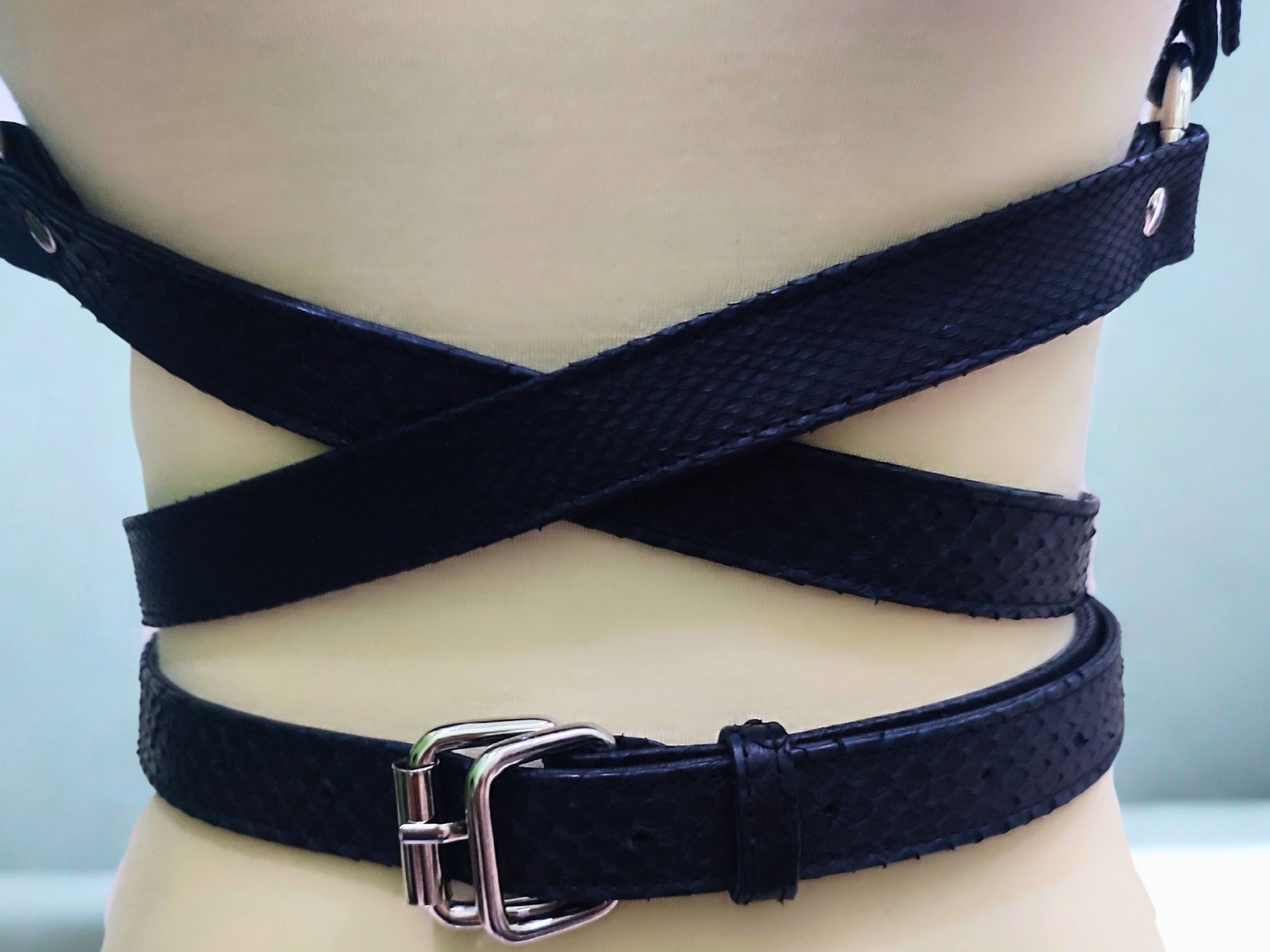 Handmade Snakeskin Leather Harness with Double Round Body Belt Strap Size ONE SIZE - 7 Thumbnail