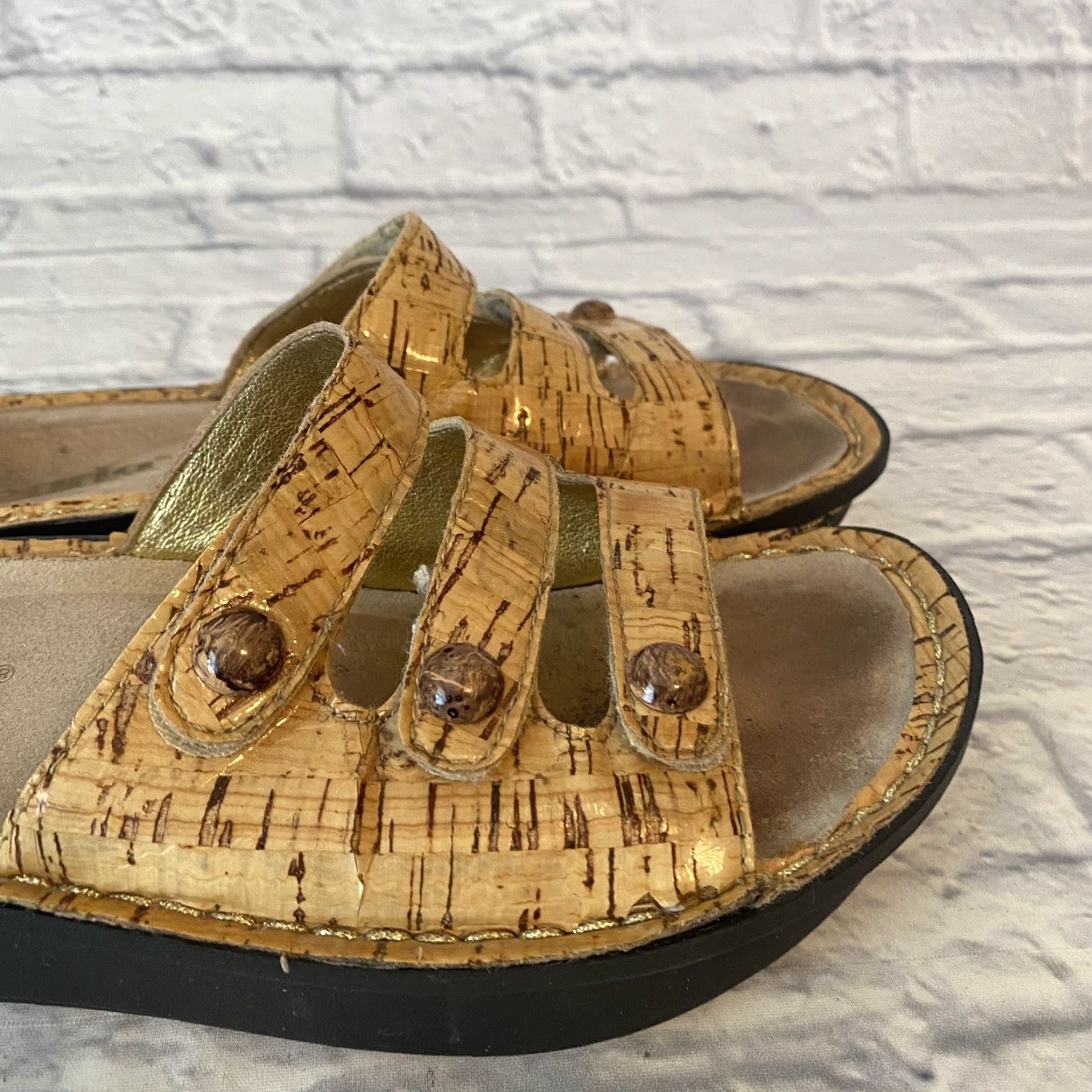 Vintage Alegria Algeria Fiona F10-418 Leather Cork Print 3 Strap Slide Sandals Beige 38/US 7.5 Cork Pattern Casual Women Size US 8 / IT 38 - 3 Thumbnail