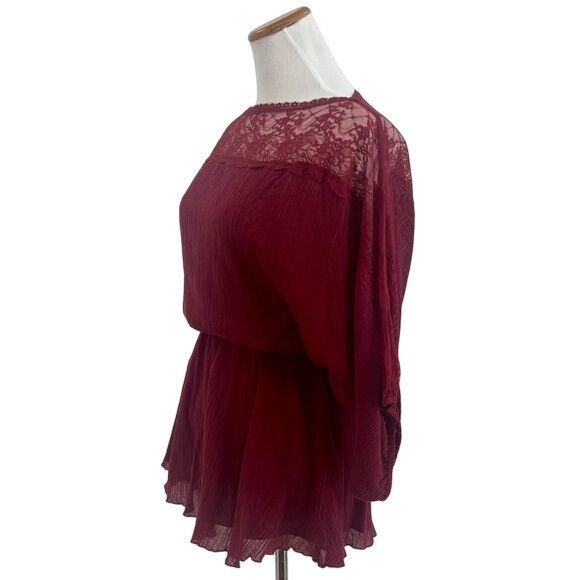 Free People VTG Free People Dark Cherry Lace Trim Crepe Top | Boho Dark Size S / US 4 / IT 40 - 6 Thumbnail