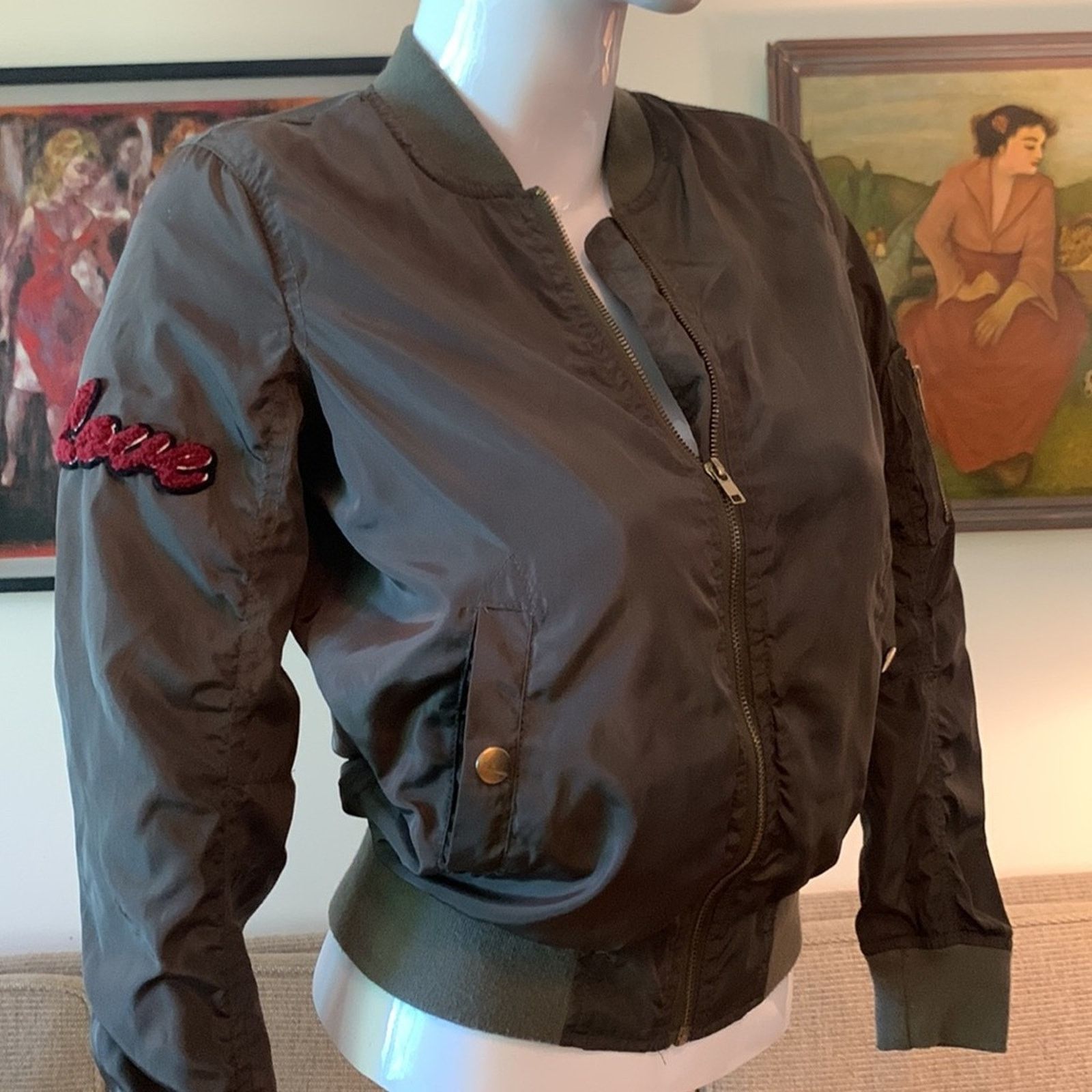 New Look New Look Bomber Jacket Khaki Olive Green, Message appliques Size S / US 4 / IT 40 - 1 Thumbnail