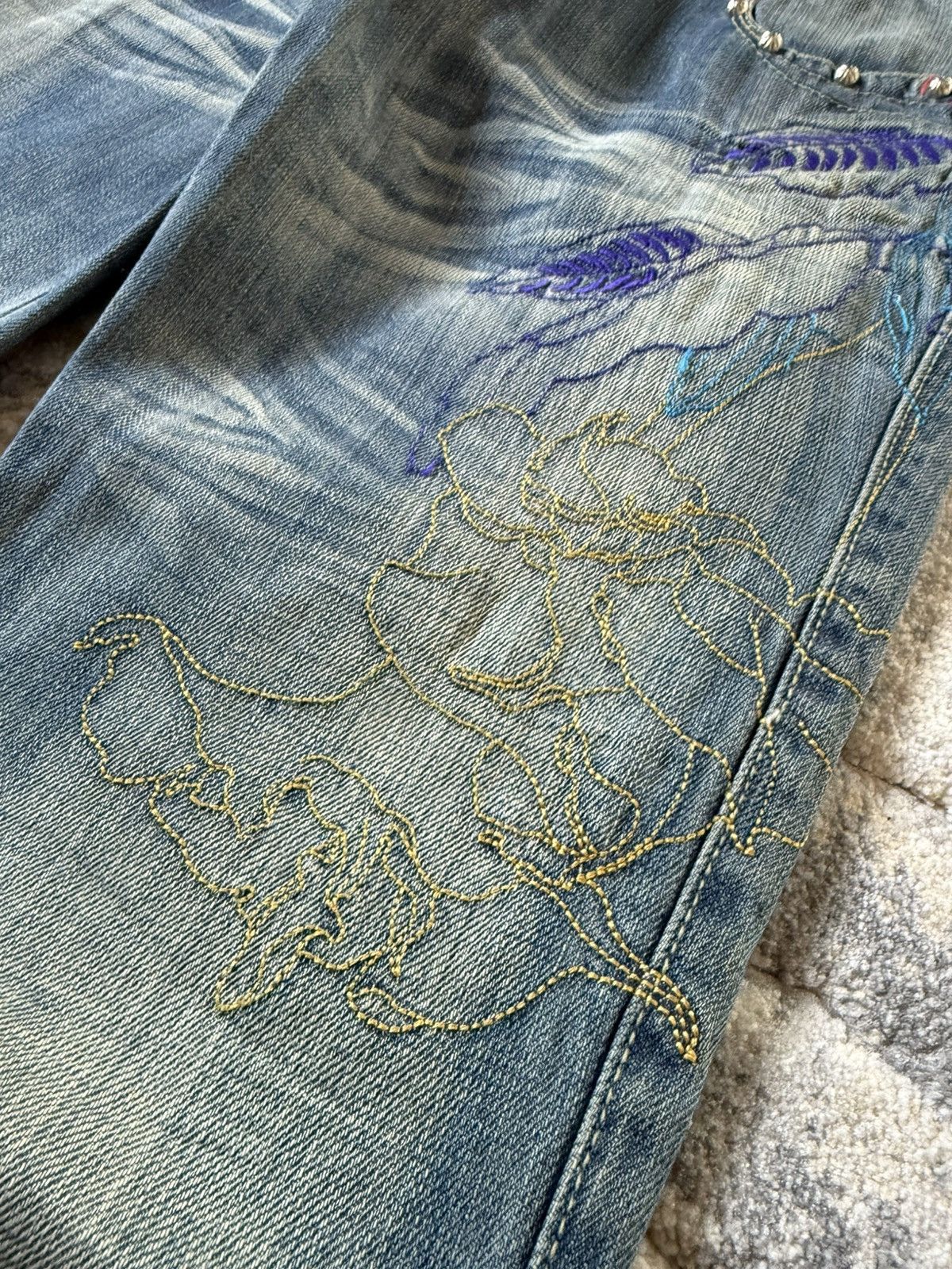 If Six Was Nine Studded Gemstone Claw Mark Muddy Wash Japanese Flared Jeans Size US 29 - 9 Thumbnail
