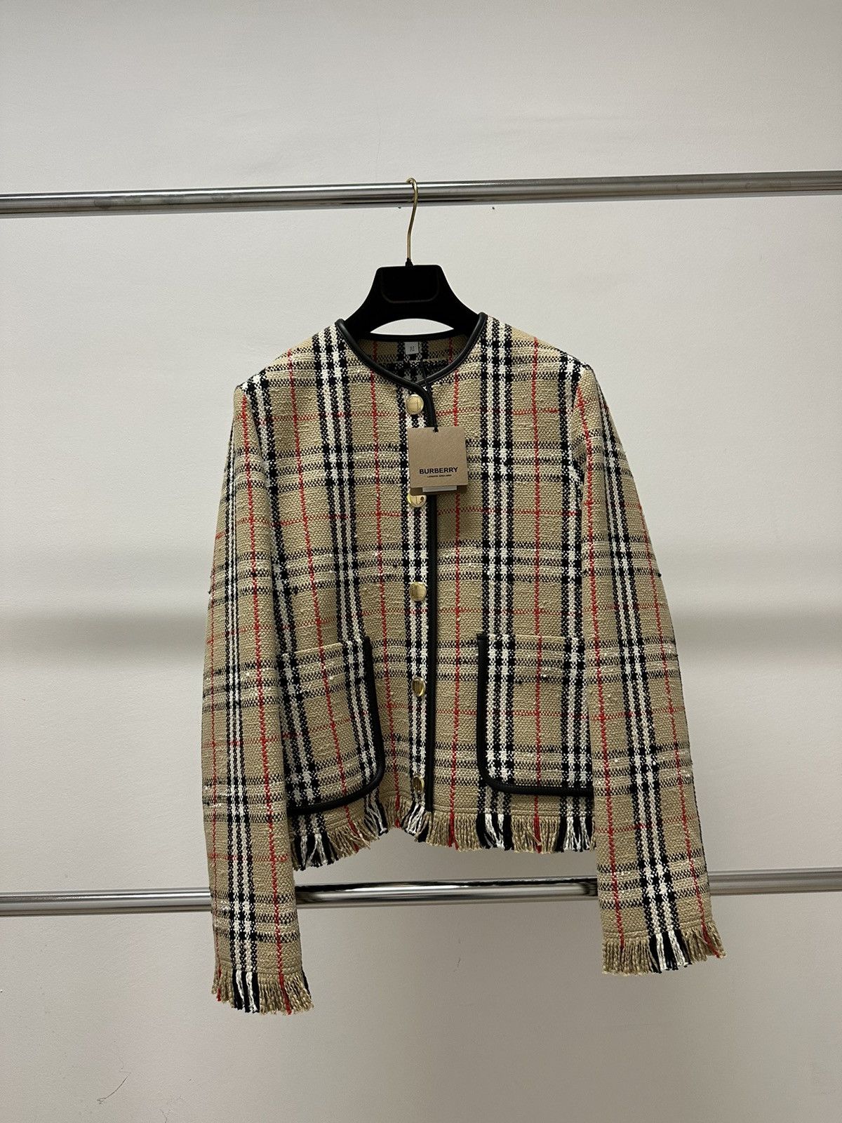 Early-mid 2000s Burberry Khaki & Gold Button Hip Flare Jacket