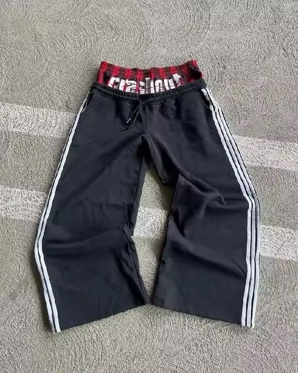 Black Hip Hop Double Layer Stripe Embroidery Baggy