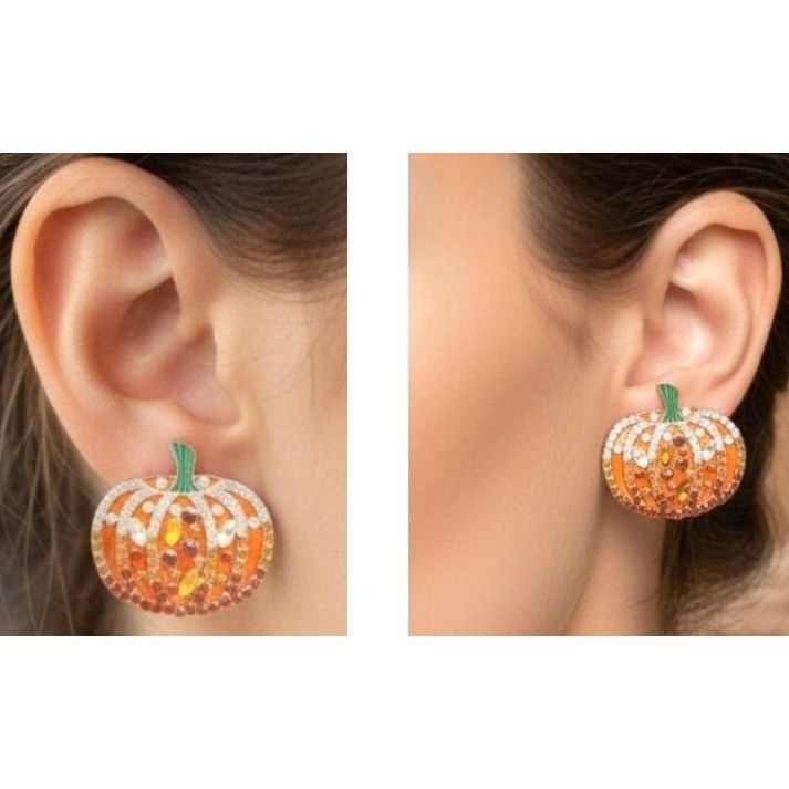 Handmade Pumpkin Earrings New Rhinestones Pierced Posts Thanksgiving Size ONE SIZE - 5 Thumbnail