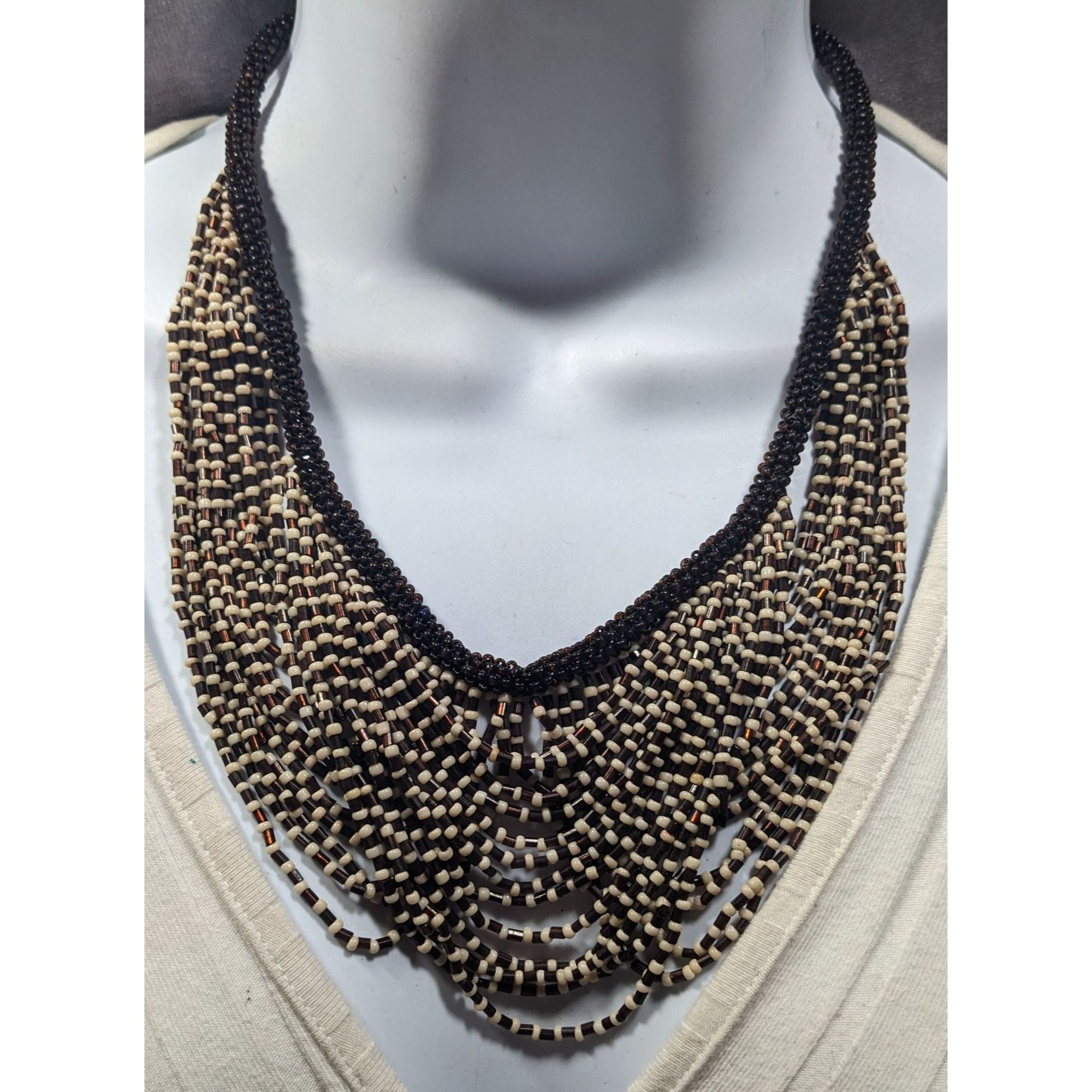 Other Vintage Multilayer Brown And Cream Glass Beaded Bib Necklace Size ONE SIZE - 4 Thumbnail