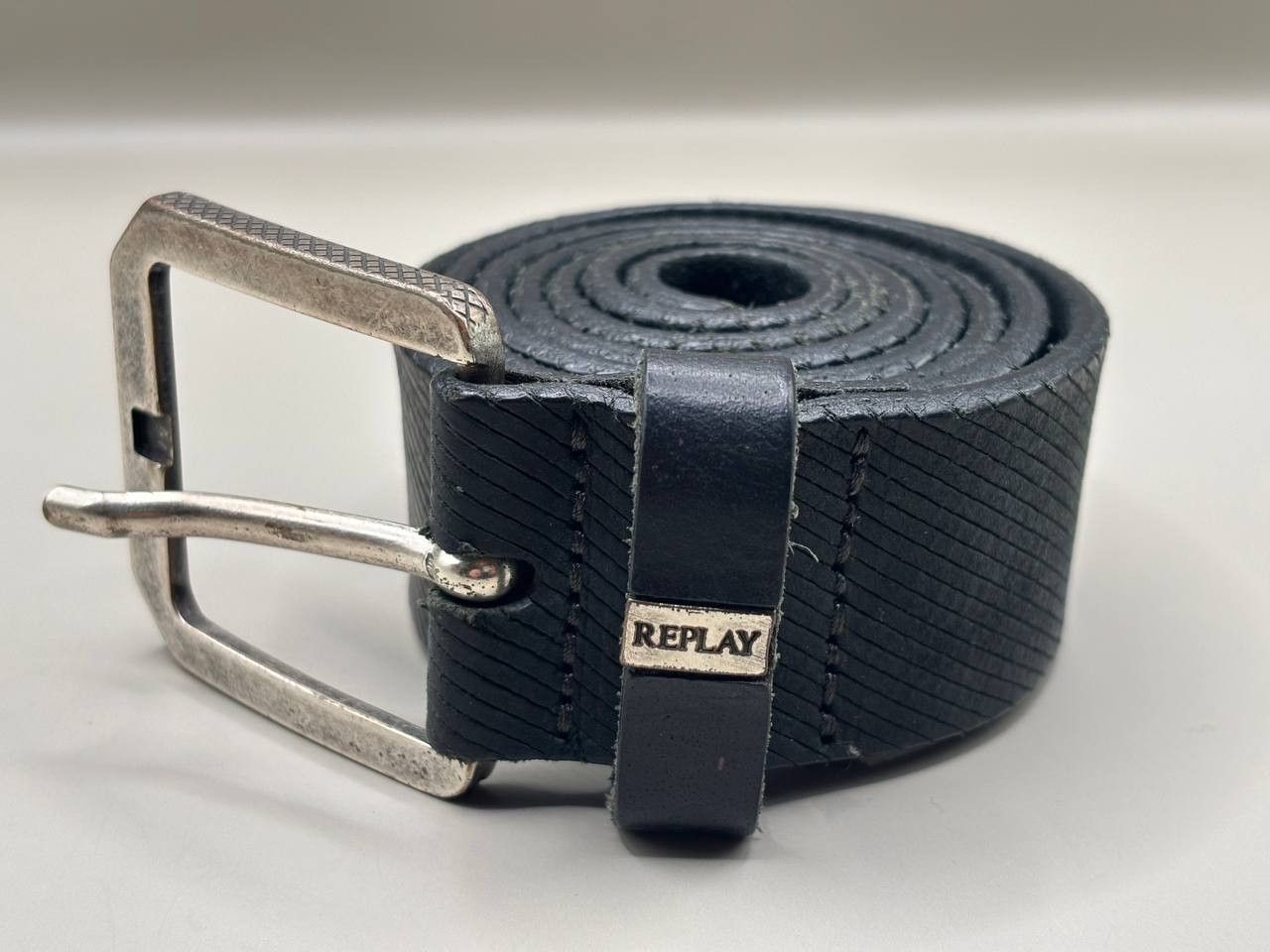 Replay Replay Black Leather Belt 106cm Made in Italy Textured Logo Size 38 - 1 Thumbnail