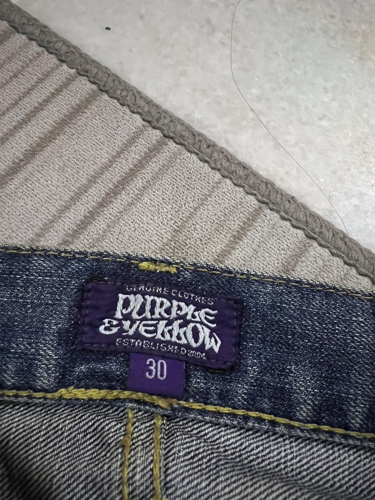 Japanese Brand 💥Twist Leg💥Purple & Yellow Distress Backle Back Flare Jean Size US 31 - 23 Thumbnail