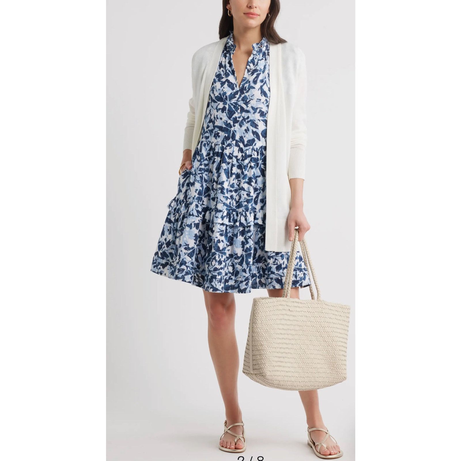 Caslon Ruffle Duo Cotton Gauze Dress Navy White M