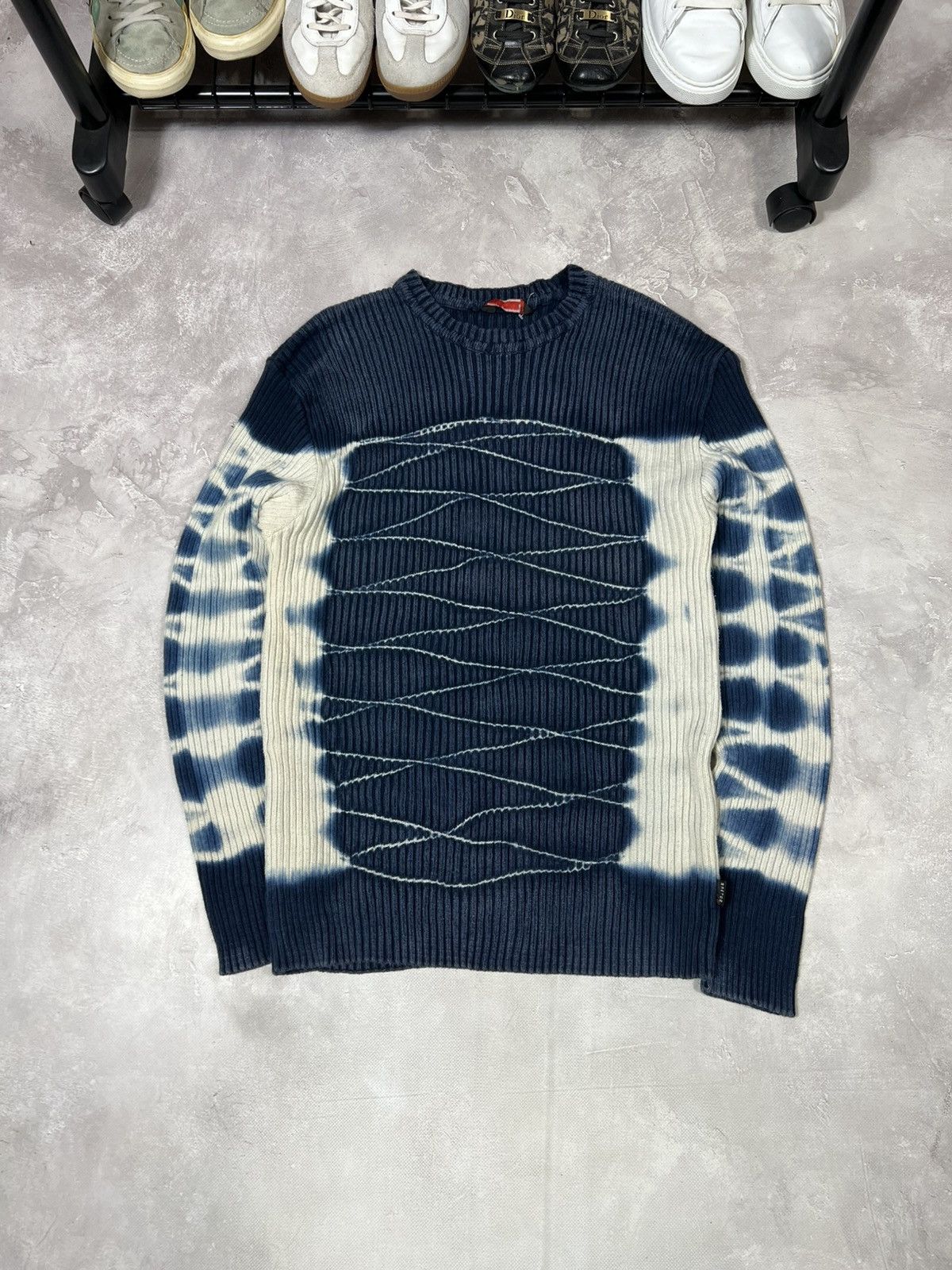 トップス JUNYAWATANABE Dark Navy Designed Knit LINEN PLAIN STITCH INTARSIA PATCHWORK SWEATER｜JUNYA