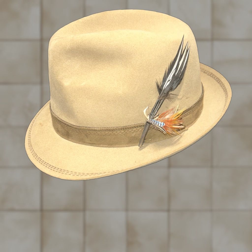 FELT VINTAGE Huckel Fedora Hat Beige Tan Feather Tailored One Size Mens Size ONE SIZE - 1 Thumbnail