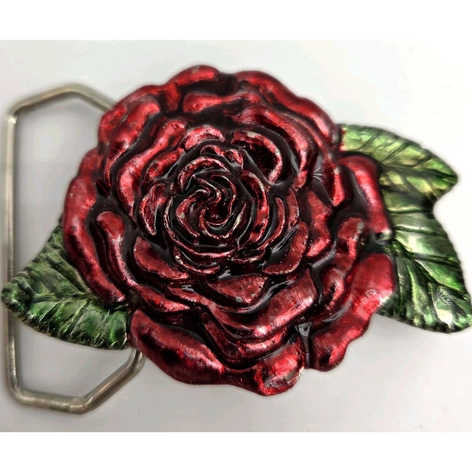Vintage RITA STEWART Buckle RED Enamel ROSE Western Southwestern Rodeo Biker Size ONE SIZE - 2 Thumbnail
