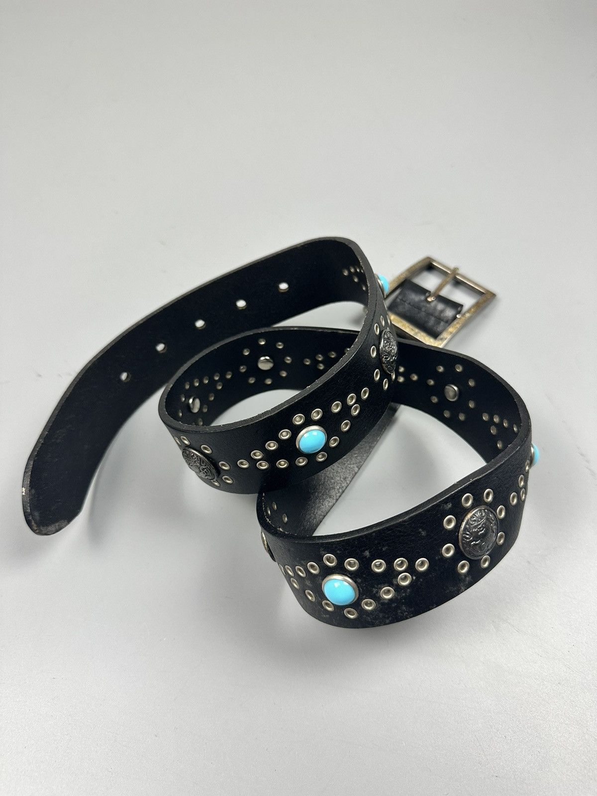 Handmade HTC Inspired Black Leather Stud and Turquoise Stone Belts Size 34 - 1 Thumbnail