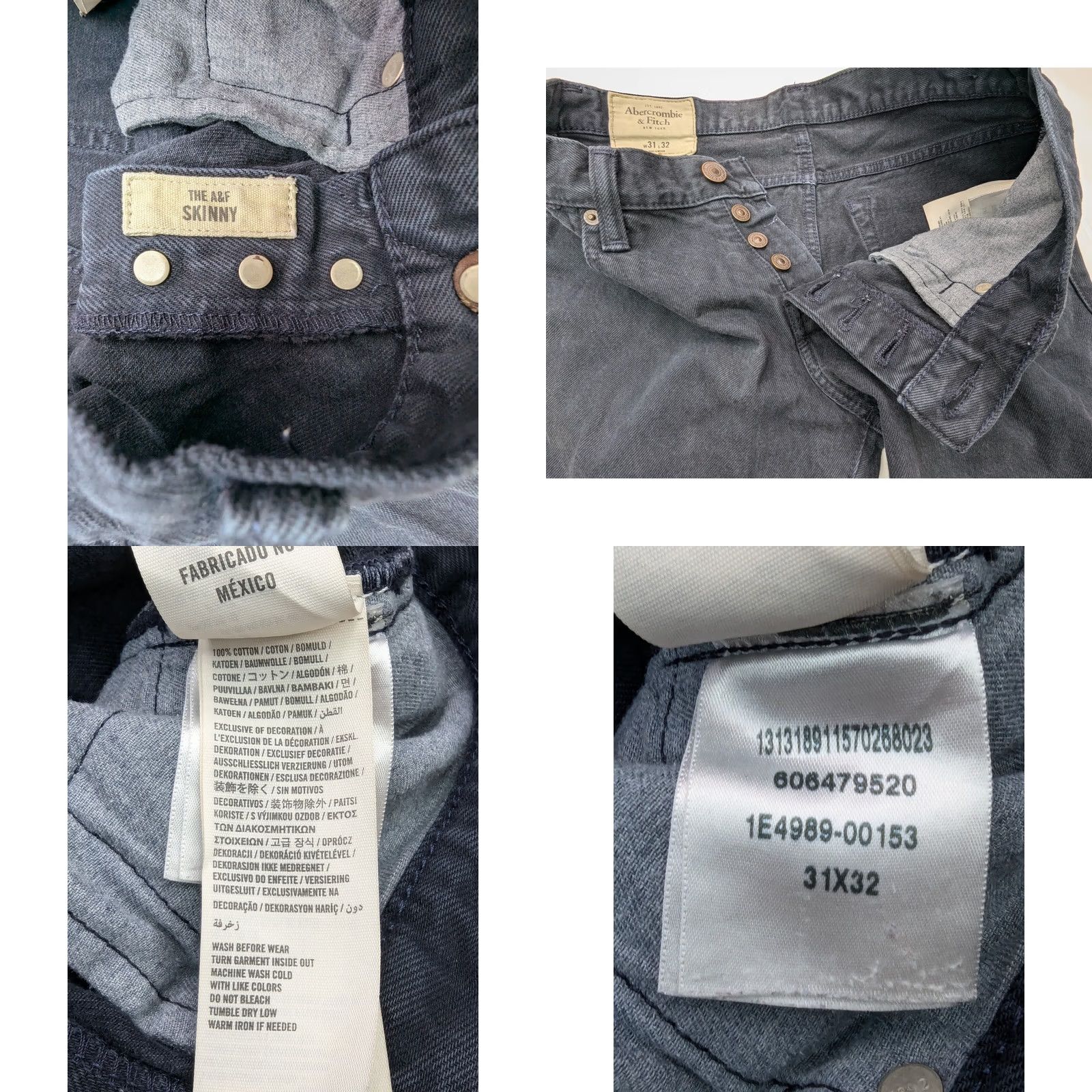Abercrombie & Fitch Abercrombie & Fitch Skinny Jeans Men 31x32 Dark Wash Charcoal Gray Denim A&F Jeans Slim 5-Pocket Distressed Button Fly 90s USA Mens Size US 31 - 8 Thumbnail