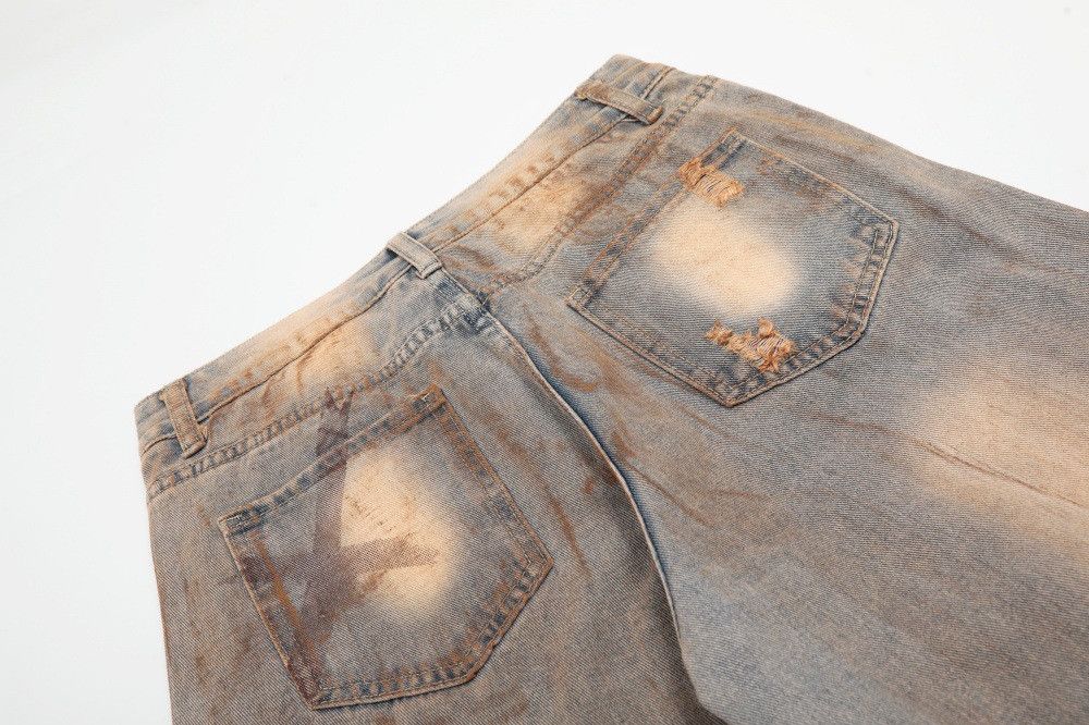 Heavy-duty distressed men's loose washed dirty ripped jeans