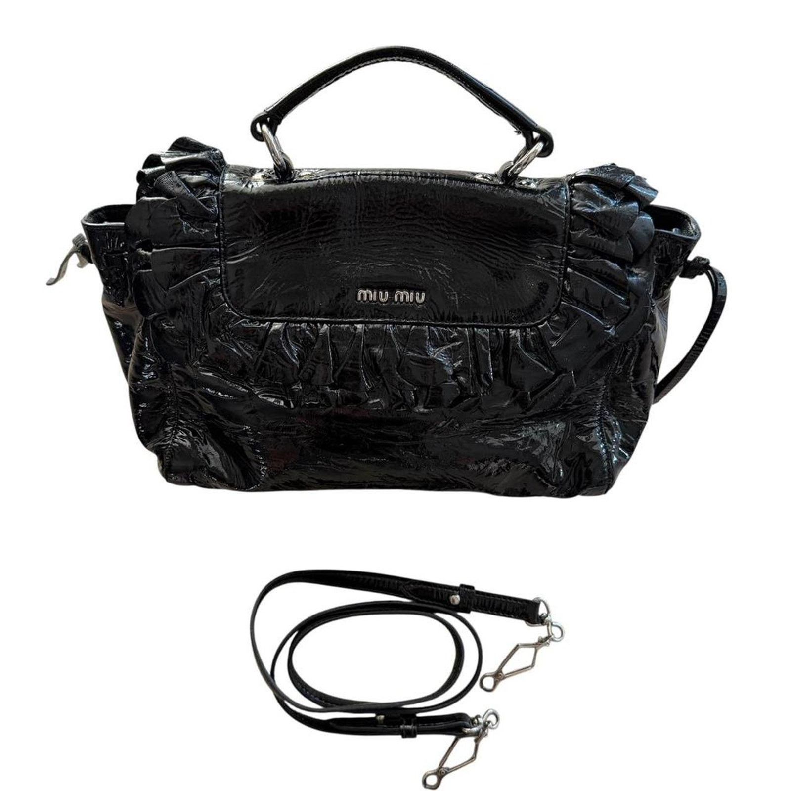 Miu Miu Miu Miu Patent Leather Ruffle Handbag Black Y2K Size ONE SIZE - 3 Thumbnail