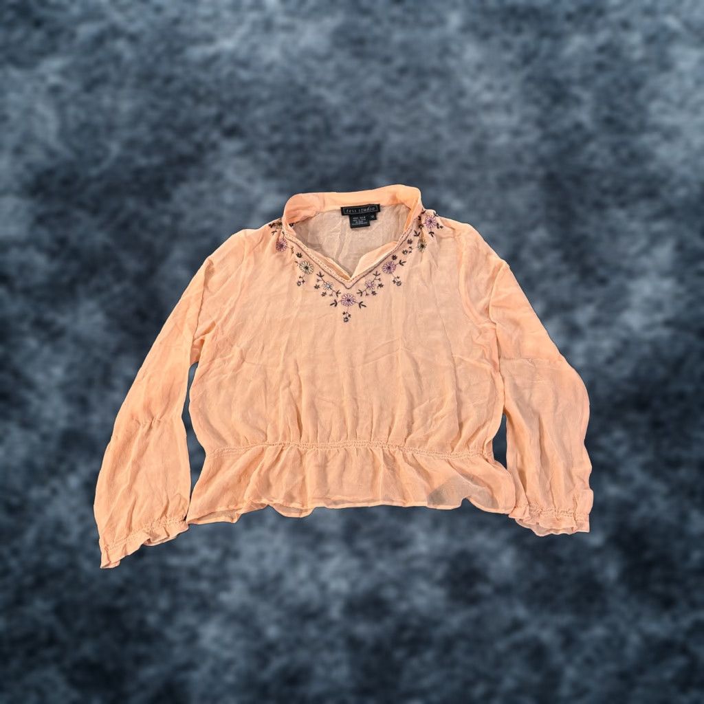 Vintage VINTAGE Studio Blouse Women's Large Pink Silk Sheer Embroidered Floral Fairy L Long Sleeve V-Neck Mens? Womens Size L / US 10 / IT 46 - 1 Thumbnail