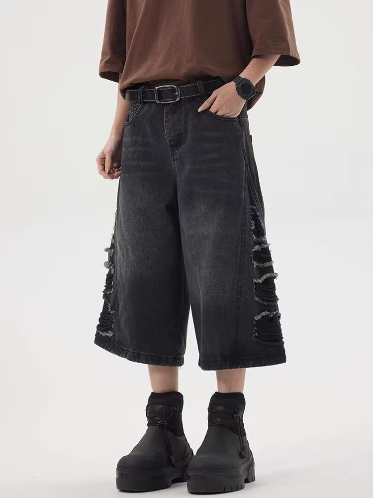 Japanese Brand × Vintage Washed and distressed baggy denim shorts Size US 33 - 4 Thumbnail