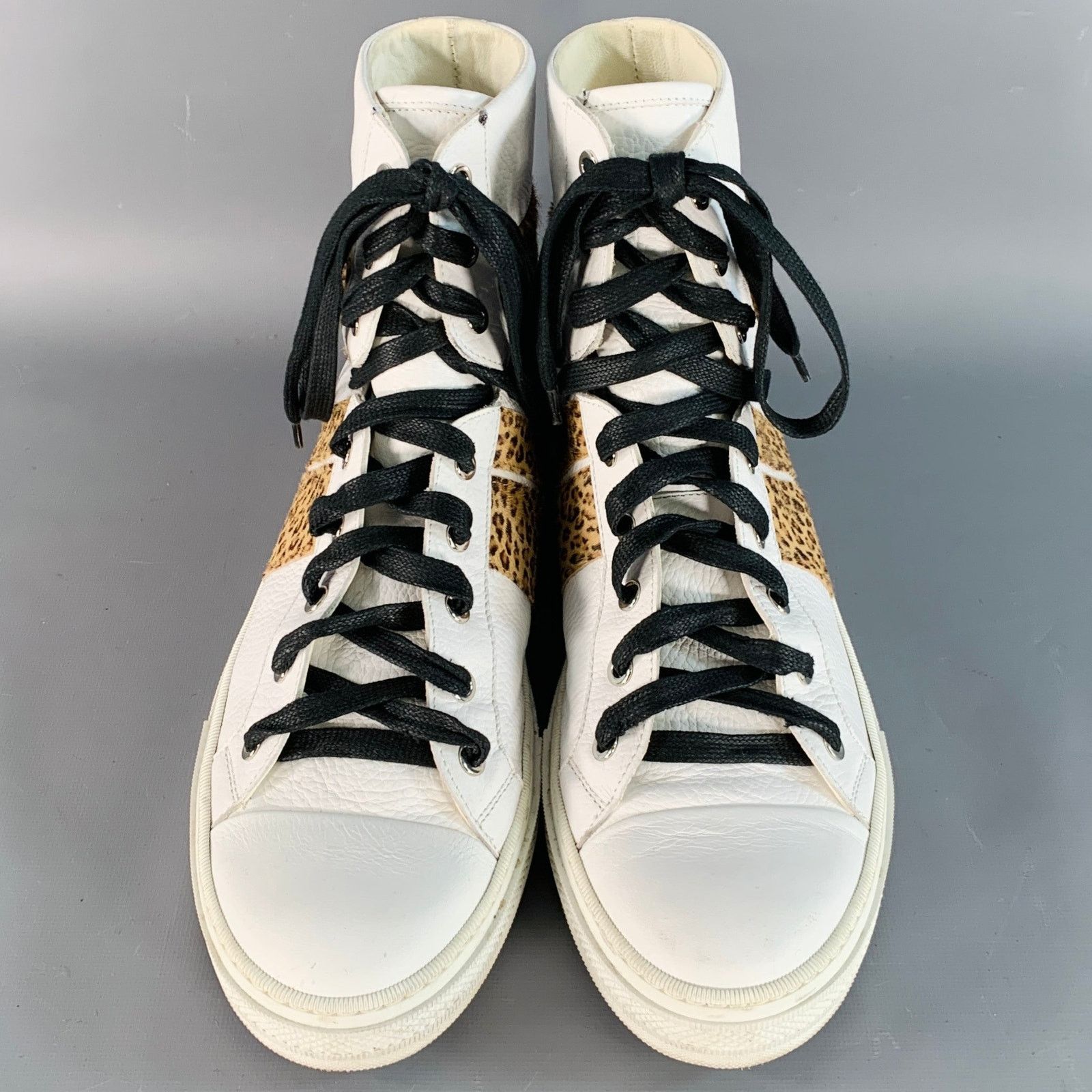 Amiri White Brown Animal Print Faux Fur Leather High Top Sneakers Size US 11 / EU 44 - 4 Thumbnail