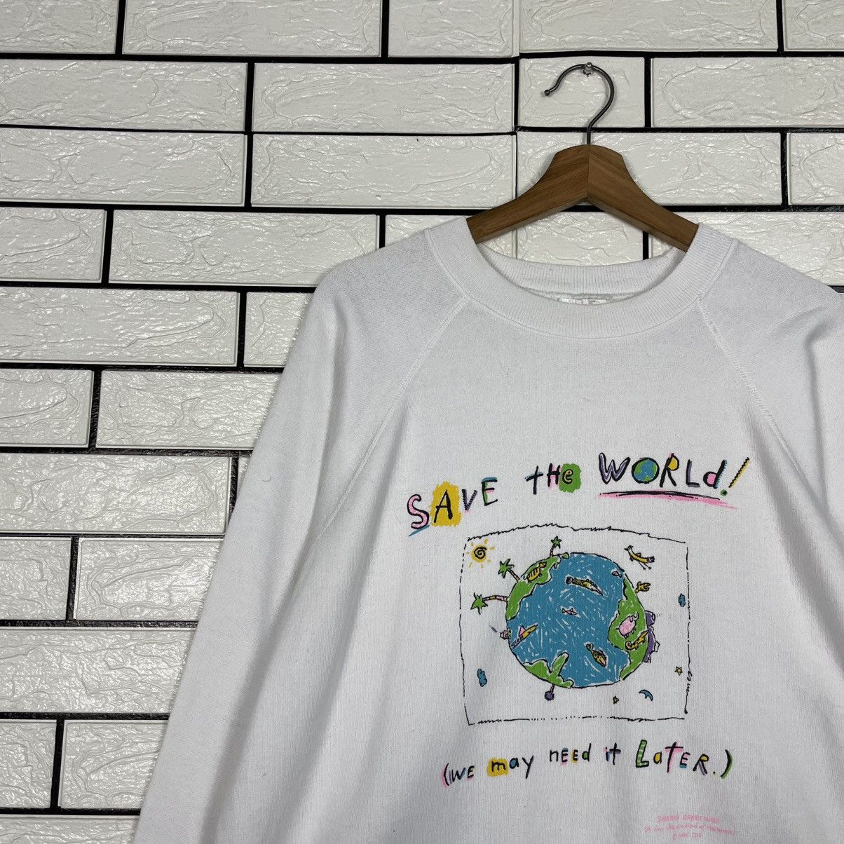 Hanes Vintage Save The World Crewneck White Sweatshirt Size US XL / EU 56 / 4 - 6 Thumbnail