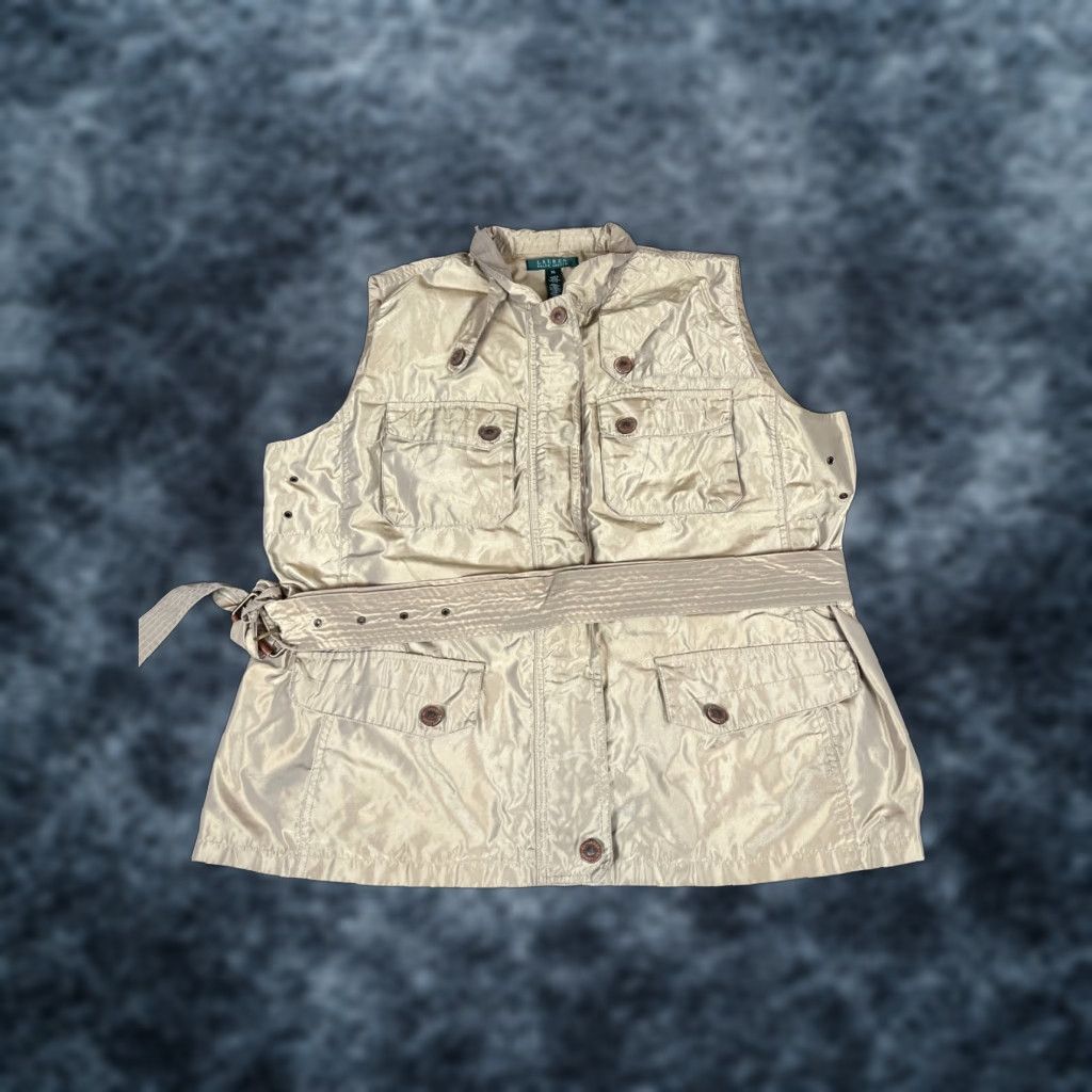 Ralph Lauren VINTAGE Ralph Lauren Safari Utility Vest Womens XL Beige Pocket Belted Windbreaker Hoodless Sleeveless Vest 90s Safari Theme Mens Womens Size XL / US 12-14 / IT 48-50 - 1 Thumbnail