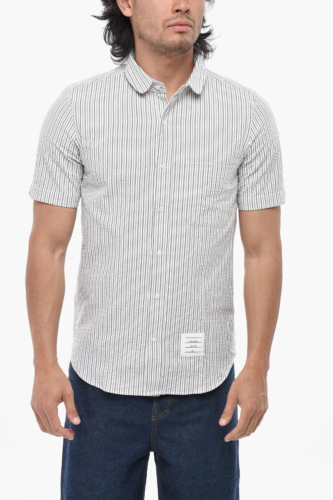 Thom Browne og1mm0426 Seersucker Cotton Short-Sleeve Shirt in Grey Size US S / EU 44-46 / 1 - 1 Thumbnail