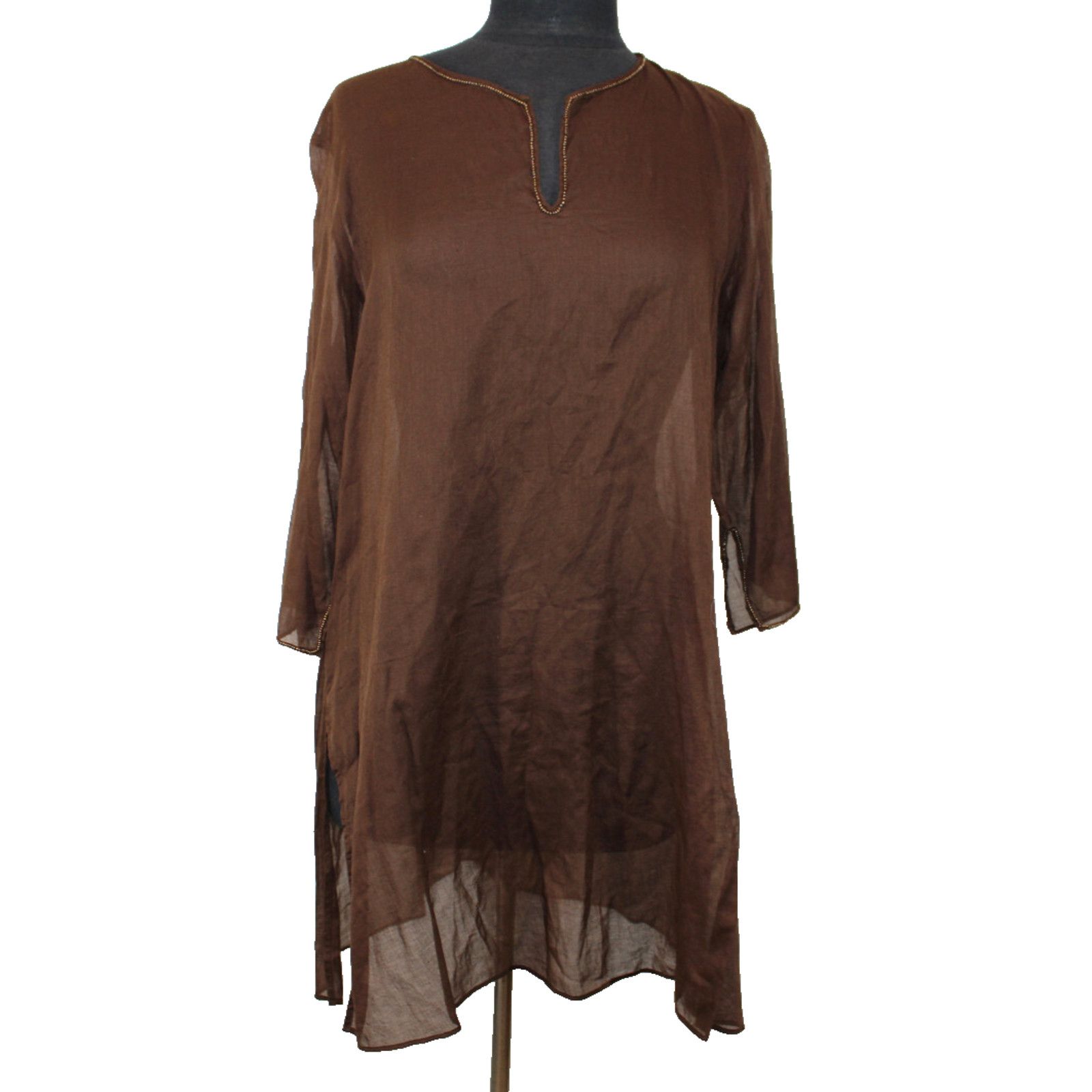 Eileen Fisher EILEEN FISHER Chiffon Tunic Dress Brown Cotton Rhinestone L Size L / US 10 / IT 46 - 1 Thumbnail