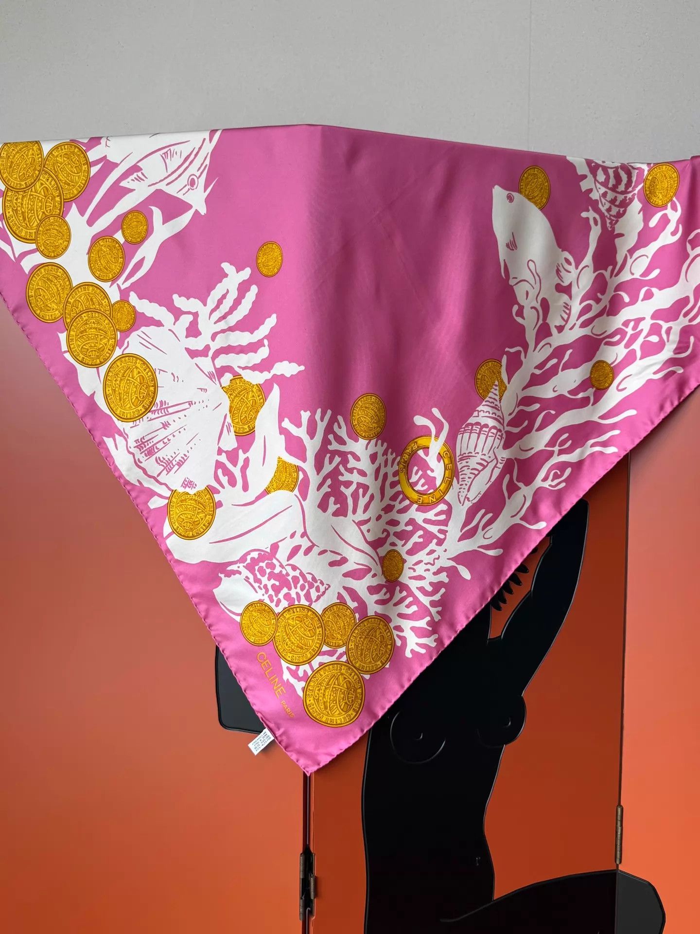 Celine Celine Vintage Pink Gold Coin Silk 90cm Scarf Underwater Size ONE SIZE - 4 Thumbnail