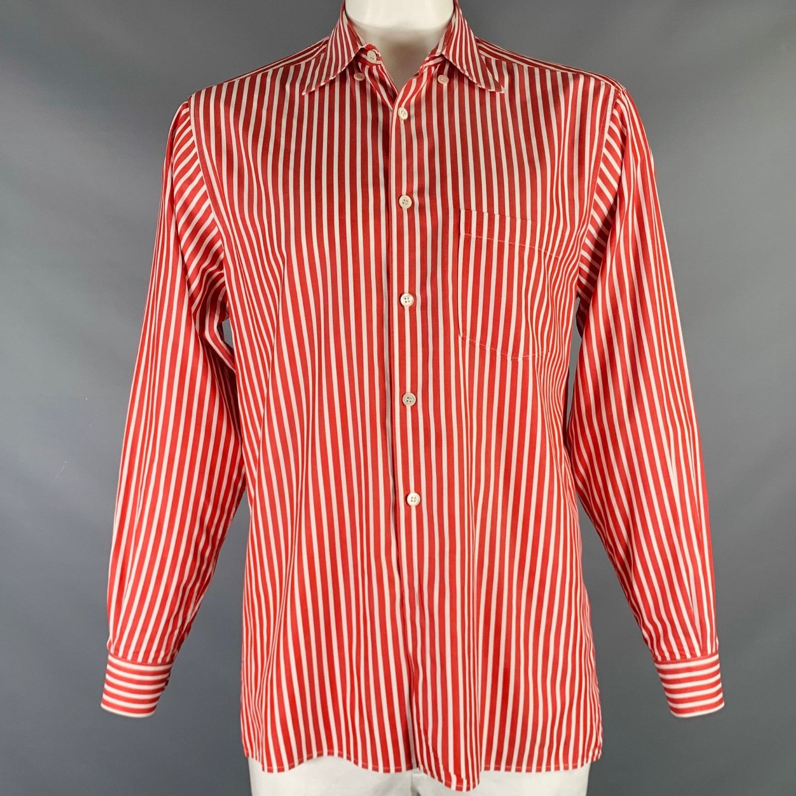 Ermenegildo Zegna Size L Red White Stripe Cotton Button Up Long Sleeve Shirt Size US L / EU 52-54 / 3 - 1 Thumbnail