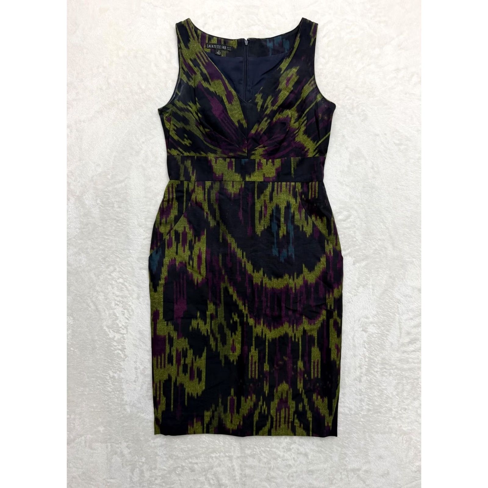 Vintage Lafayette 148 New York Dress Womens 4 Black Ikat Sheath V Neck Lined Knee Length Size S / US 4 / IT 40 - 2 Thumbnail