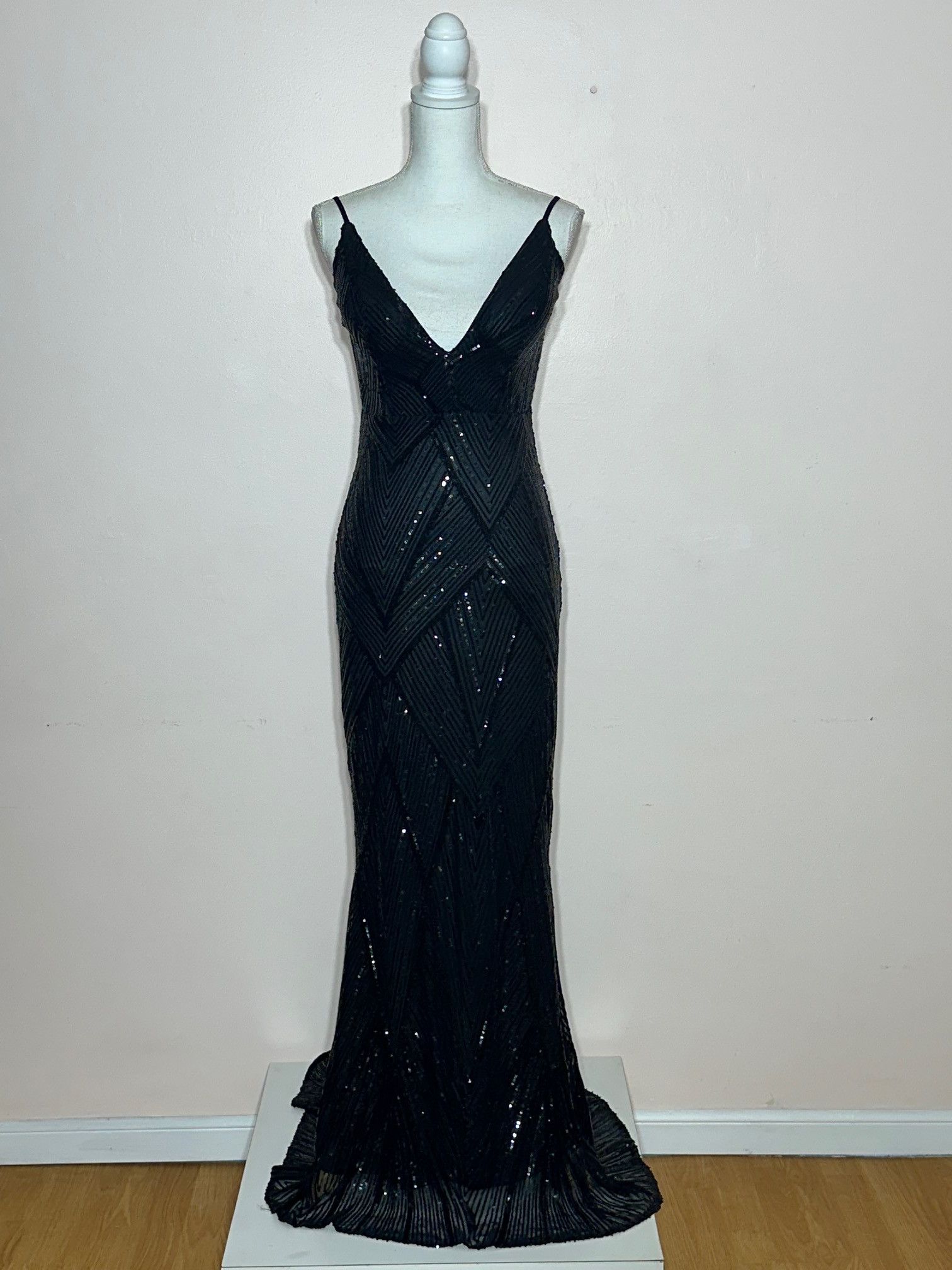 Vintage Black Sequin Deco Spaghetti Strap Bias Gown Size M / US 6-8 / IT 42-44 - 1 Thumbnail