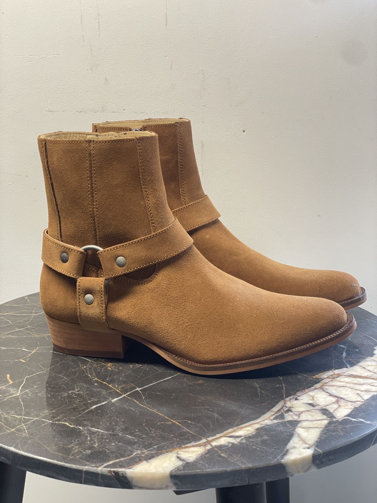 Whisky Tan Suede Leather Harness Boots