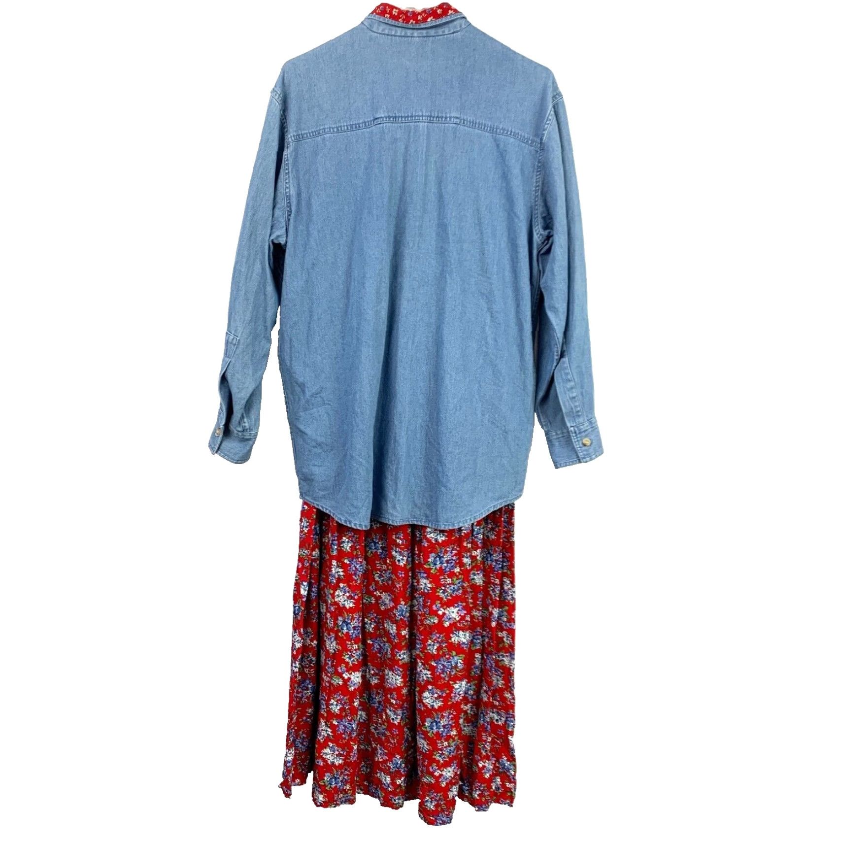 Denime VINTAGE Upper Westside Outfit/Set Shirt Skirt Floral Denim Red Long Sleeve Collared Button 100% Cotton Womens M Size M / US 6-8 / IT 42-44 - 4 Thumbnail
