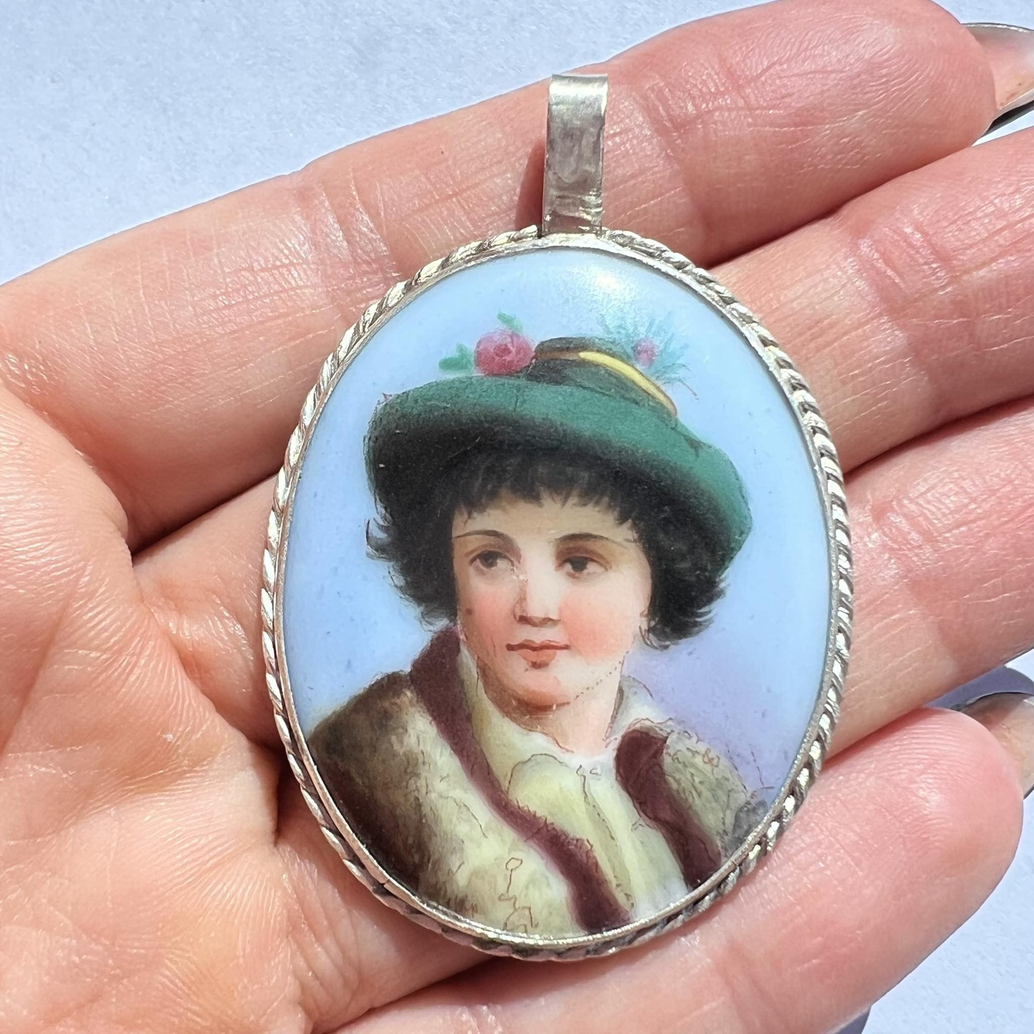 Vintage Sterling Silver Pendant Hand Painted Portrait Enamel