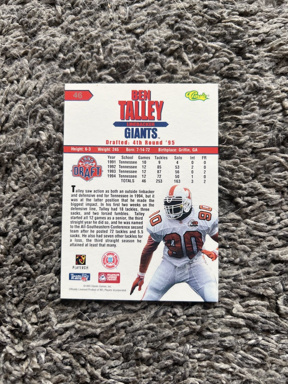 NFL 1995 Classic #46 Ben Talley Card Size ONE SIZE - 2 Thumbnail